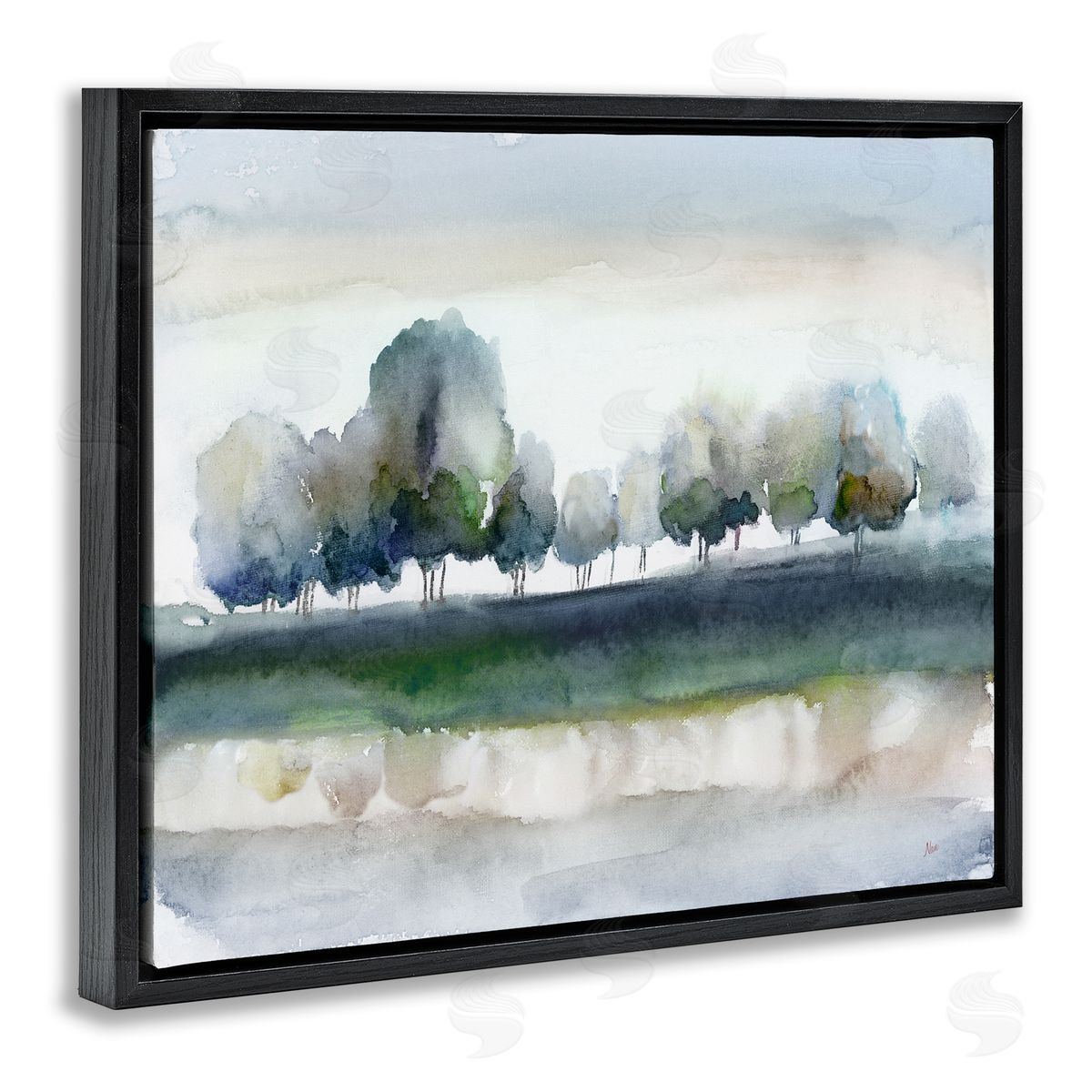 Nan Tree Orchard Flowing River Watercolor Nature Scene Black Floating Frame Canvas Wall Art Print