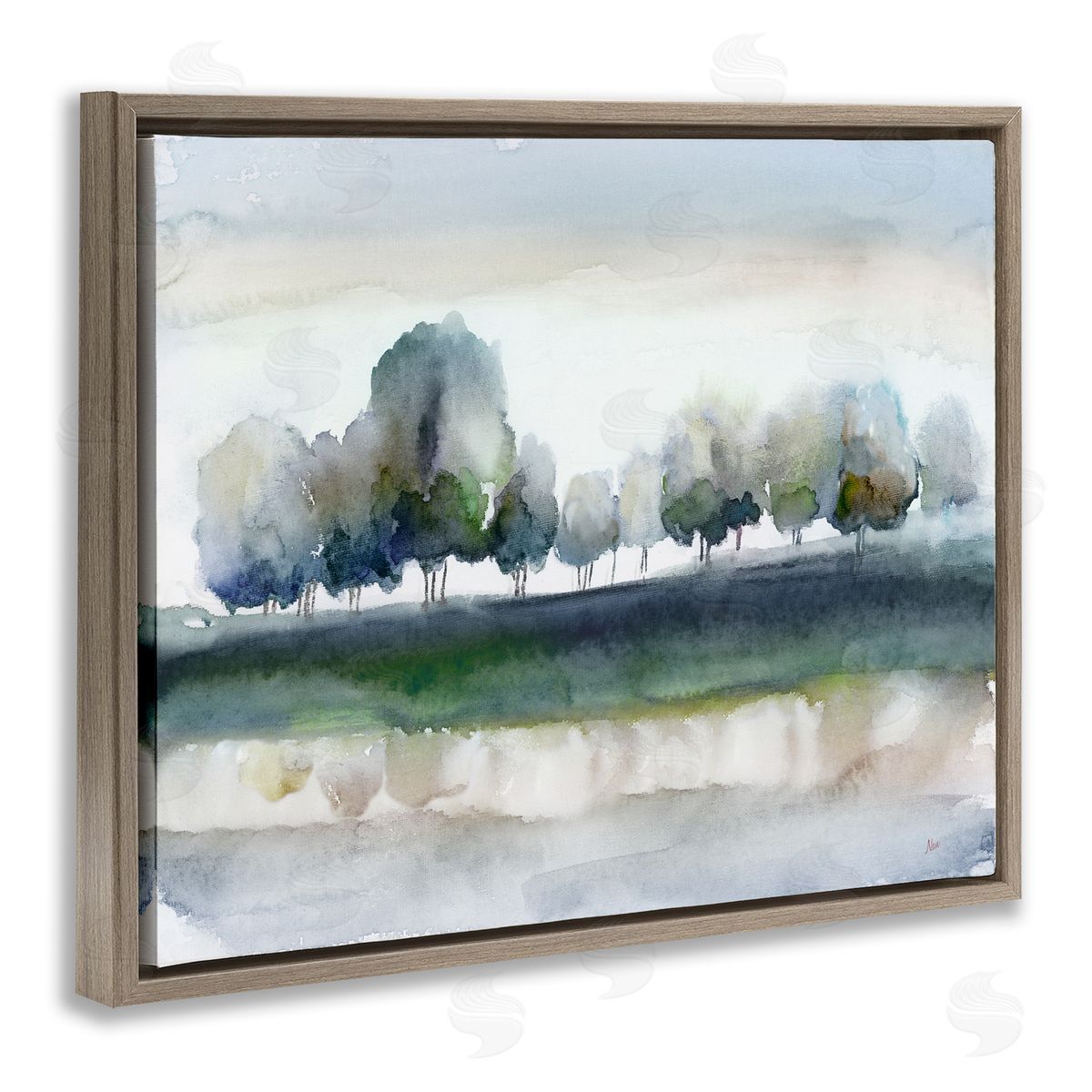 Nan Tree Orchard Flowing River Watercolor Nature Scene Brown Floating Frame Canvas Wall Art Print
