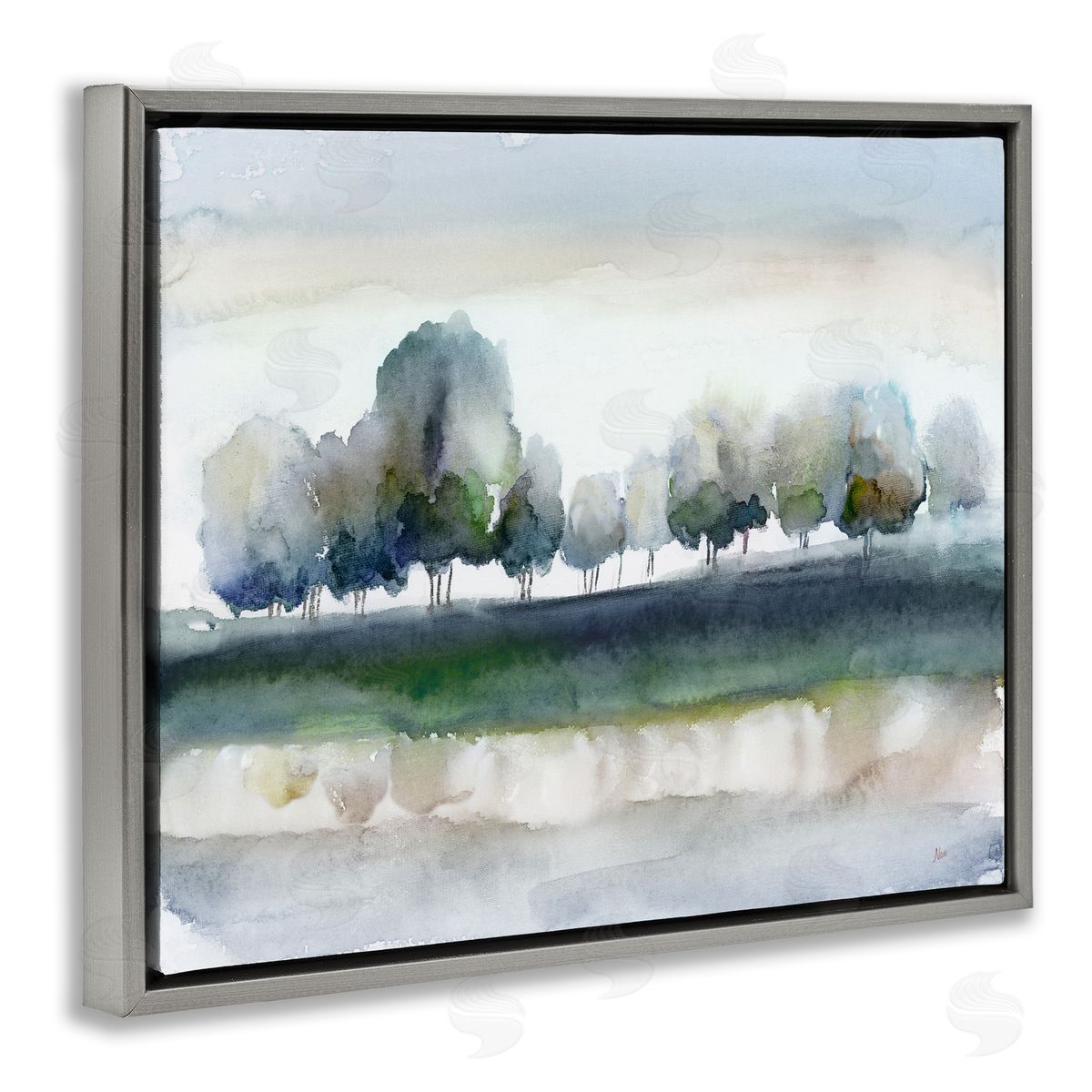 Nan Tree Orchard Flowing River Watercolor Nature Scene Gray Floating Frame Canvas Wall Art Print