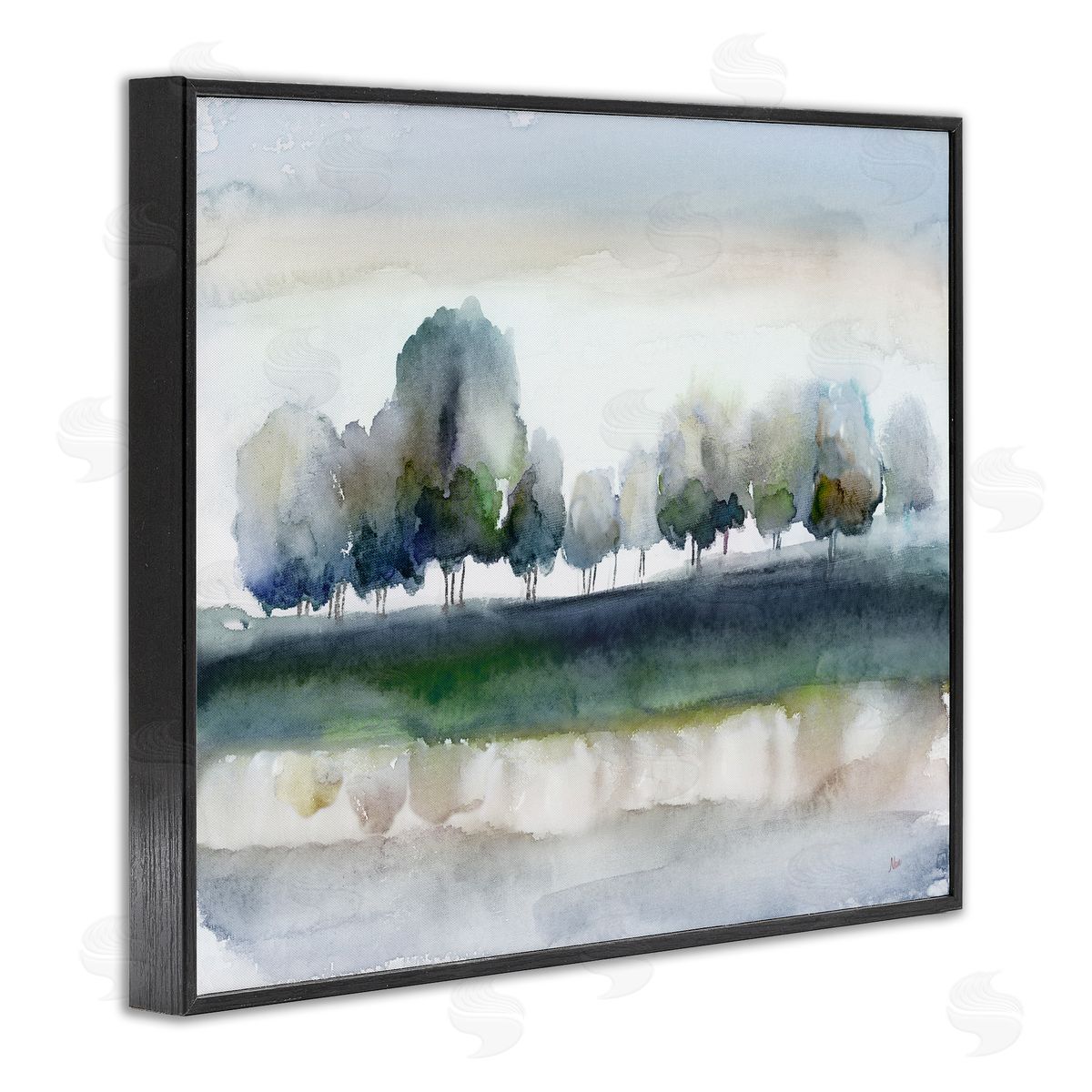 Nan Tree Orchard Flowing River Watercolor Nature Scene Black Framed Giclee Wall Art Print