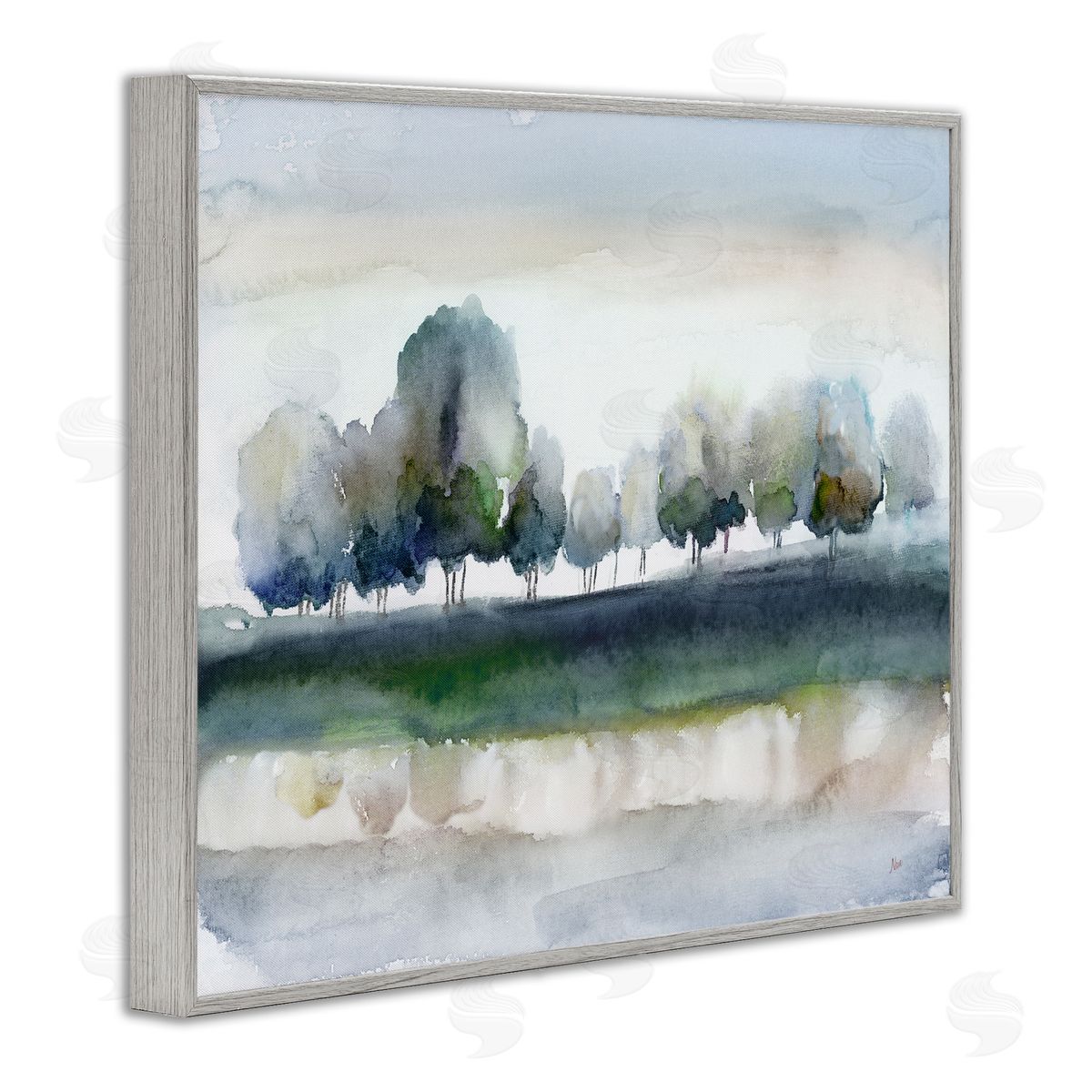 Nan Tree Orchard Flowing River Watercolor Nature Scene Gray Framed Giclee Wall Art Print