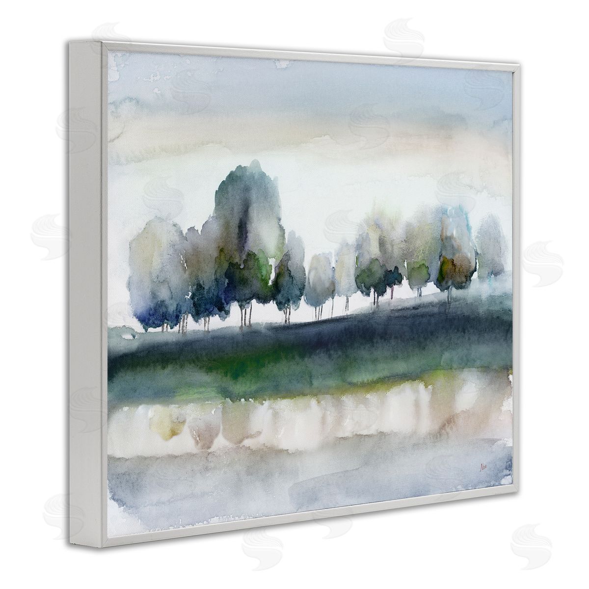 Nan Tree Orchard Flowing River Watercolor Nature Scene White Framed Giclee Wall Art Print