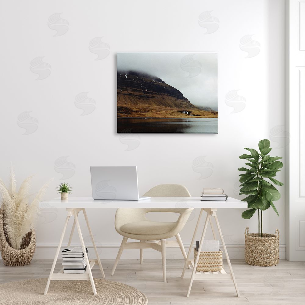 Lynann Colligan Lake Side Cliffs Looming Fog Plateau Landscape Canvas Wall Art Print in Room