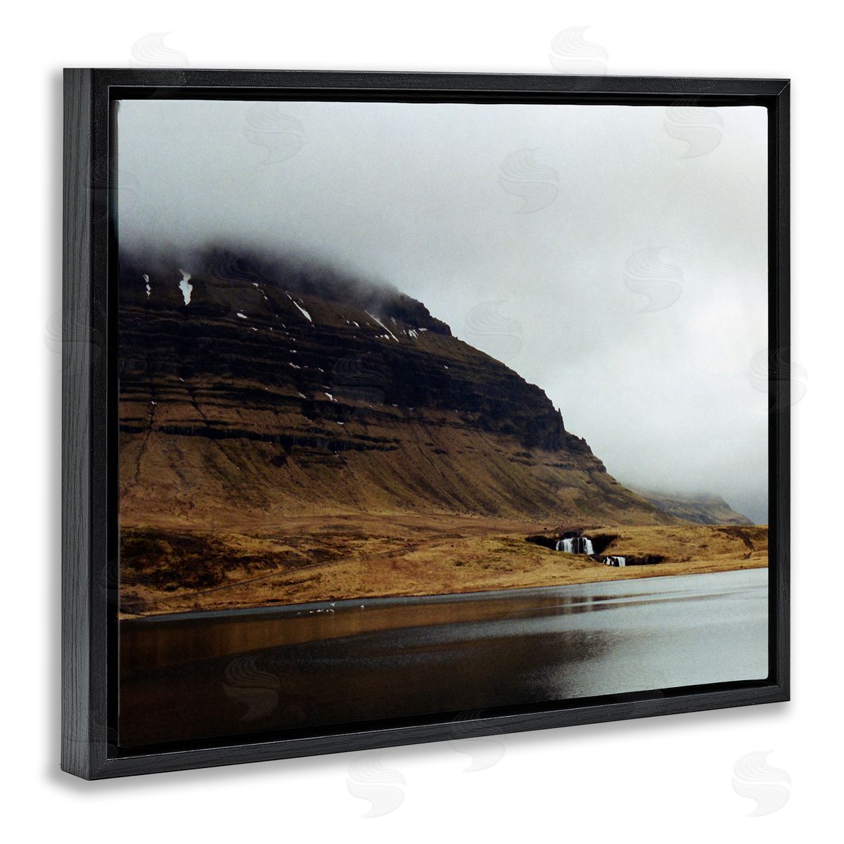 Lynann Colligan Lake Side Cliffs Looming Fog Plateau Landscape Black Floating Frame Canvas Wall Art Print