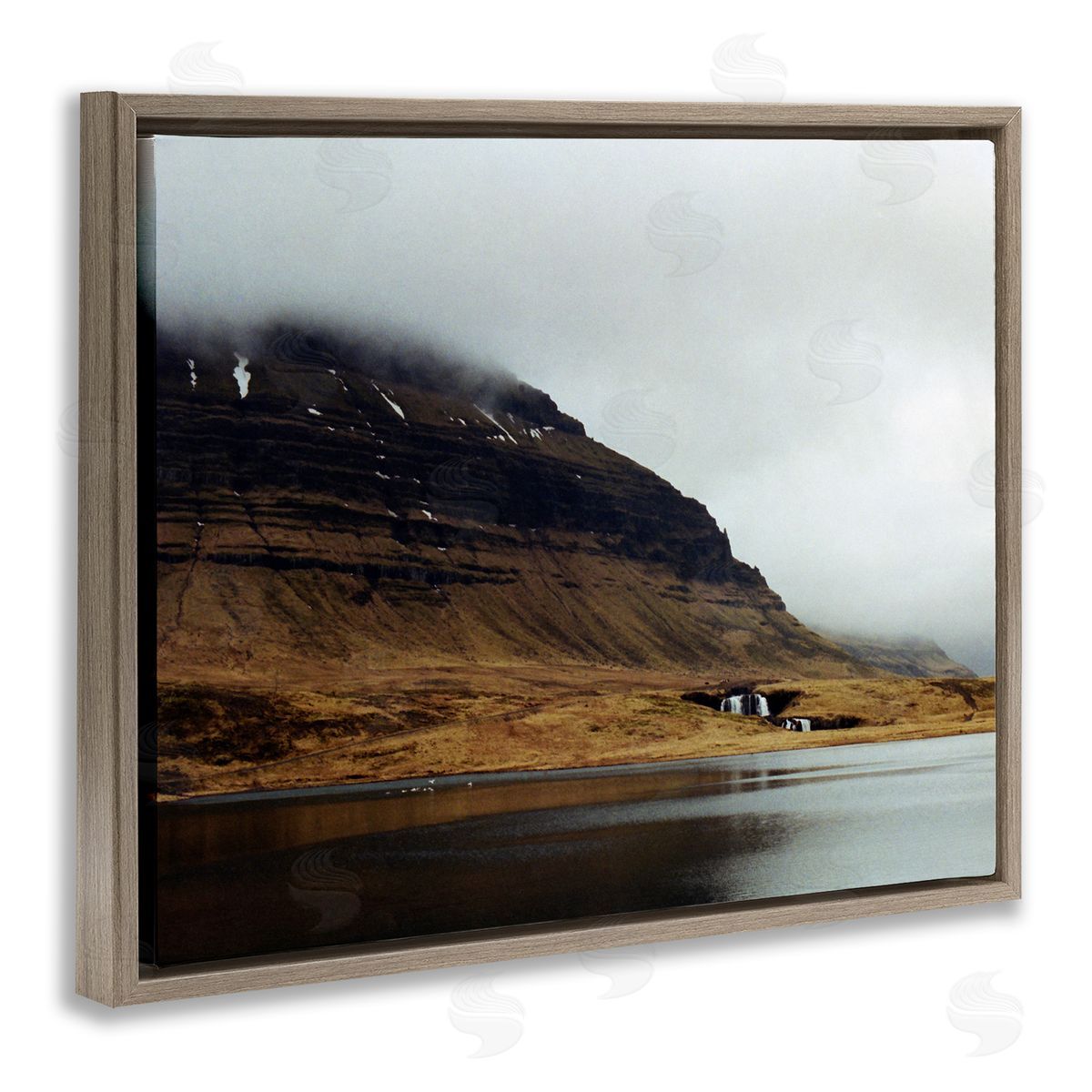 Lynann Colligan Lake Side Cliffs Looming Fog Plateau Landscape Brown Floating Frame Canvas Wall Art Print