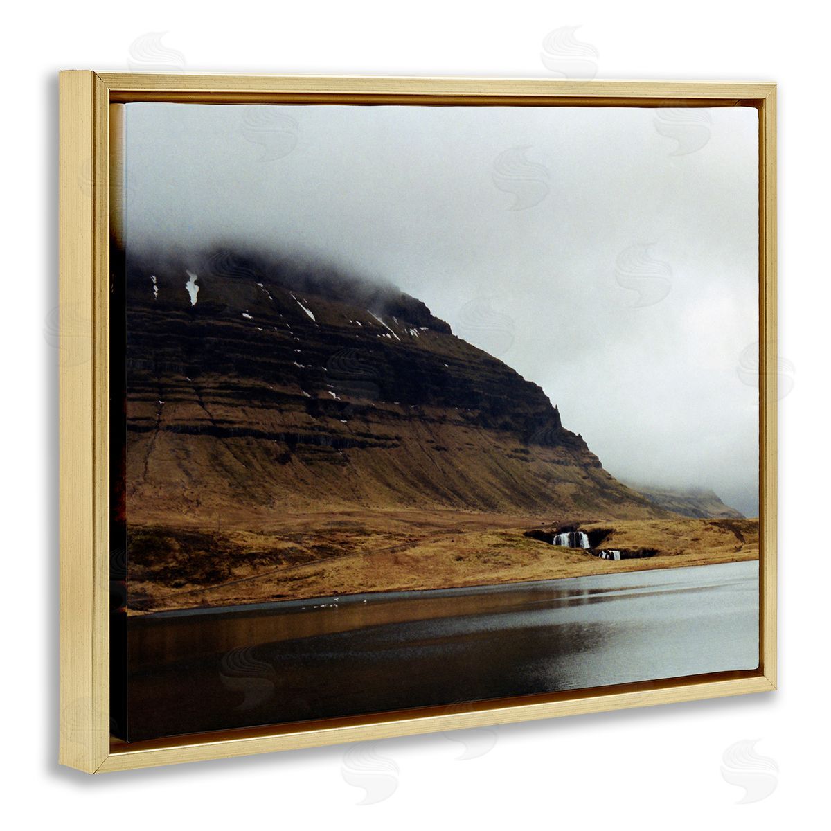 Lynann Colligan Lake Side Cliffs Looming Fog Plateau Landscape Gold Floating Frame Canvas Wall Art Print