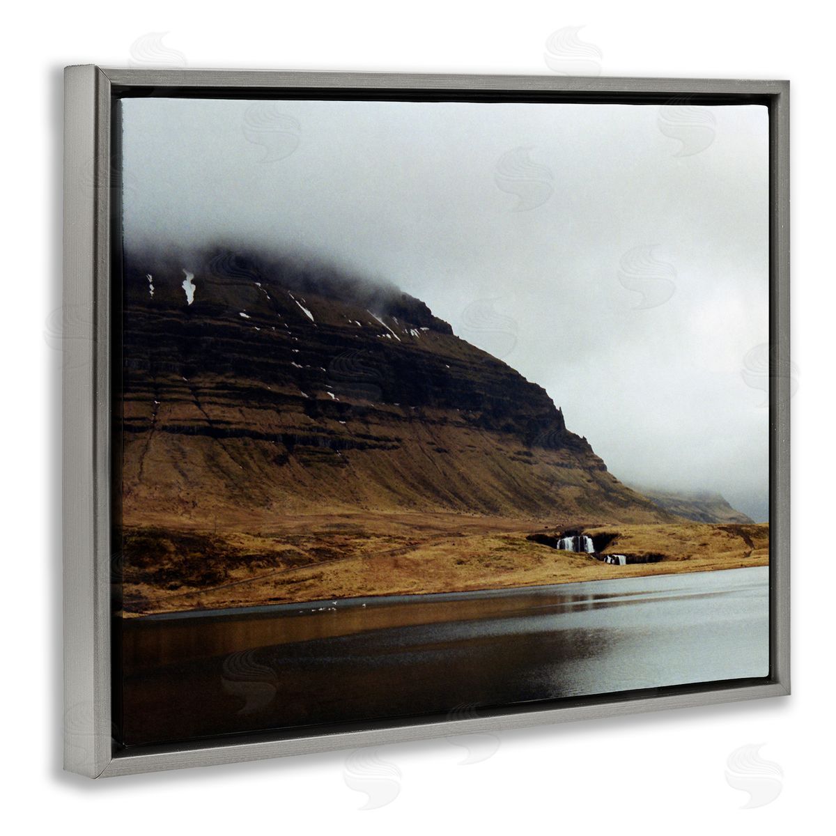 Lynann Colligan Lake Side Cliffs Looming Fog Plateau Landscape Gray Floating Frame Canvas Wall Art Print