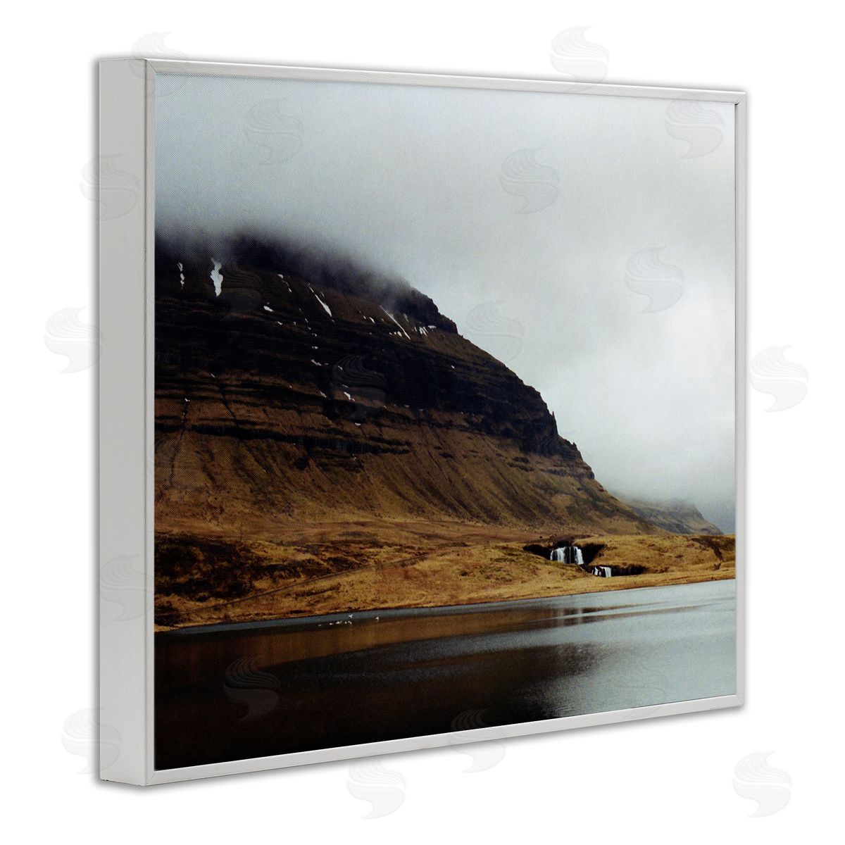 Lynann Colligan Lake Side Cliffs Looming Fog Plateau Landscape White Framed Giclee Wall Art Print