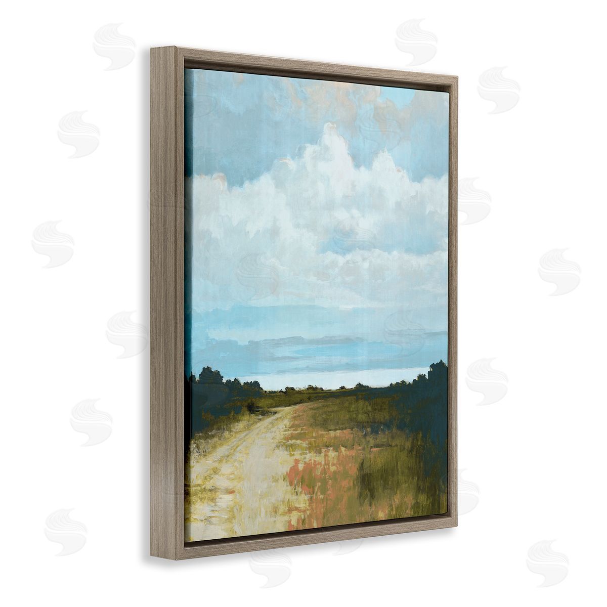 Cloverfield & Co. Atmospheric Blue Clouds Over Rural Country Path Brown Floating Frame Canvas Wall Art Print