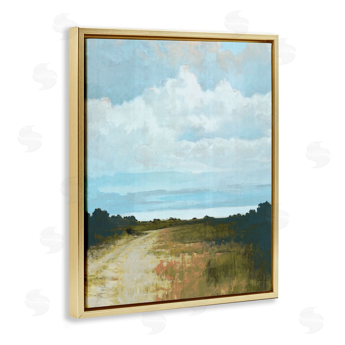Cloverfield & Co. Atmospheric Blue Clouds Over Rural Country Path Gold Floating Frame Canvas Wall Art Print