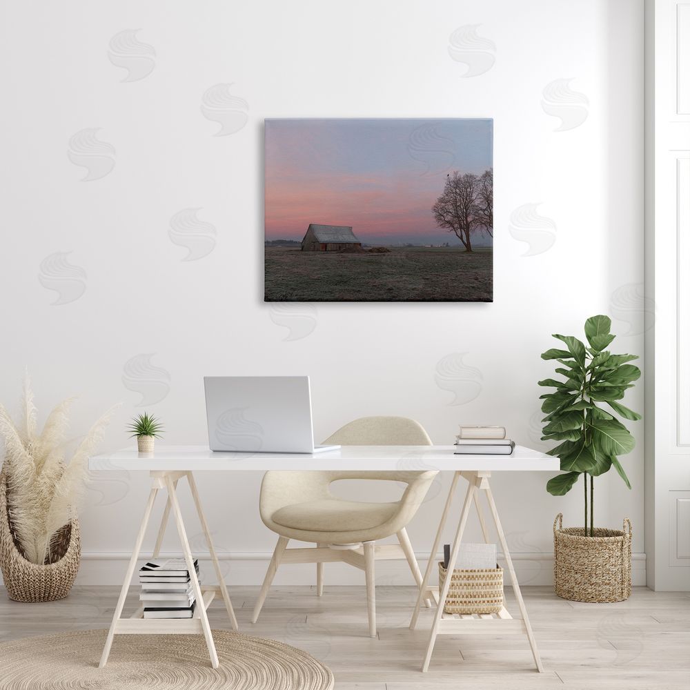 Nancy Crowell Lone Grassland Cabin Rural Trees Sunset Sky Canvas Wall Art Print in Room