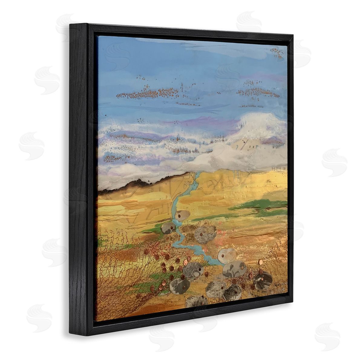Stacy Gresell Vast Grassland Stream Collage Puffy Cloud Sky Black Floating Frame Canvas Wall Art Print