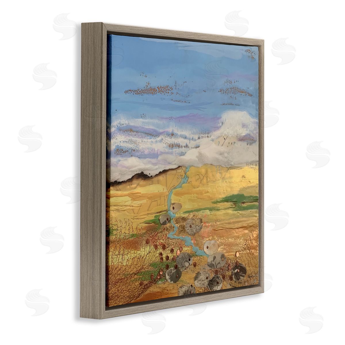 Stacy Gresell Vast Grassland Stream Collage Puffy Cloud Sky Brown Floating Frame Canvas Wall Art Print