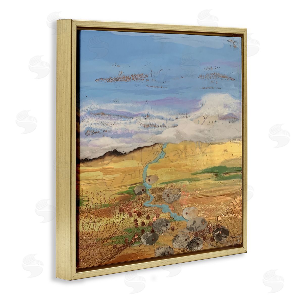 Stacy Gresell Vast Grassland Stream Collage Puffy Cloud Sky Gold Floating Frame Canvas Wall Art Print