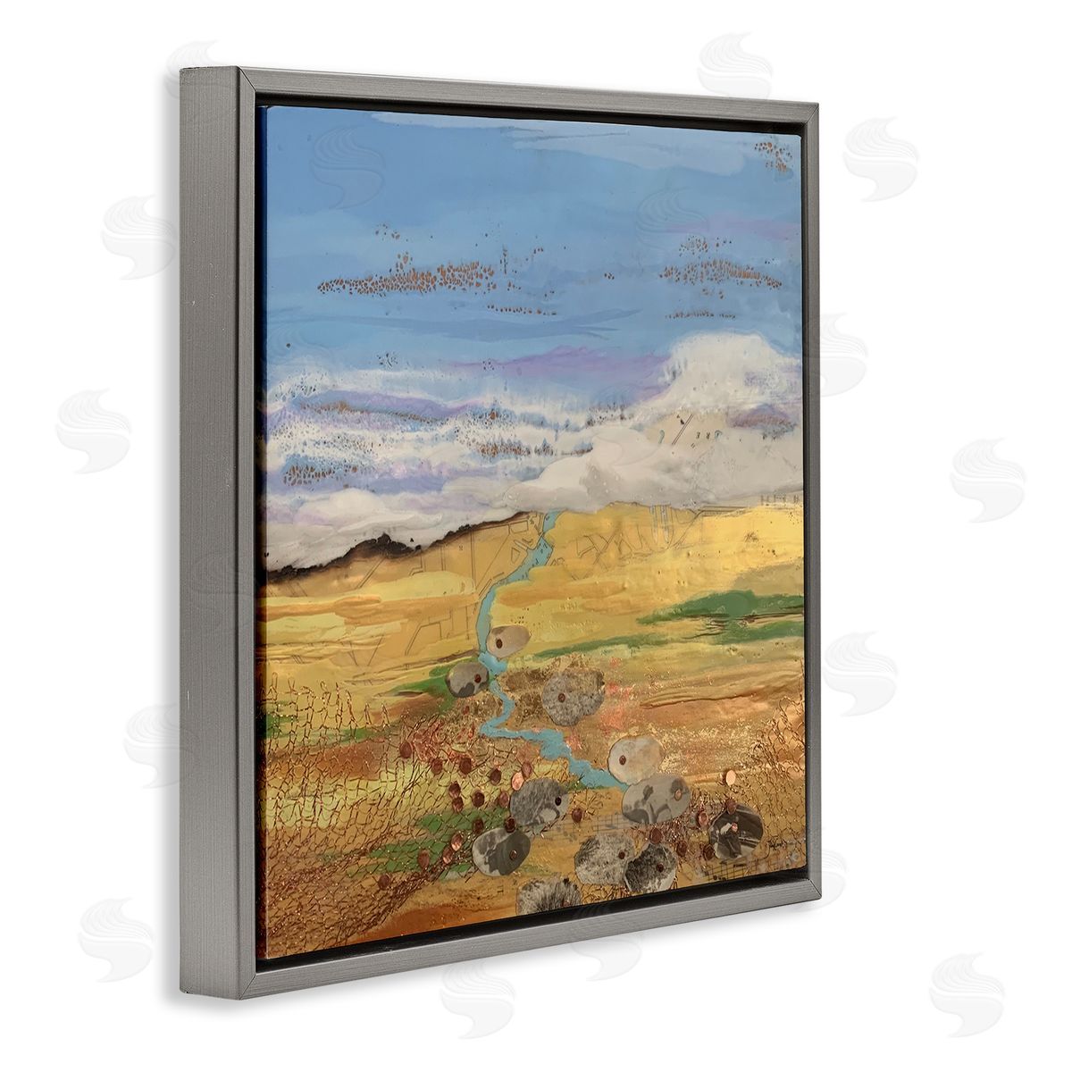 Stacy Gresell Vast Grassland Stream Collage Puffy Cloud Sky Gray Floating Frame Canvas Wall Art Print