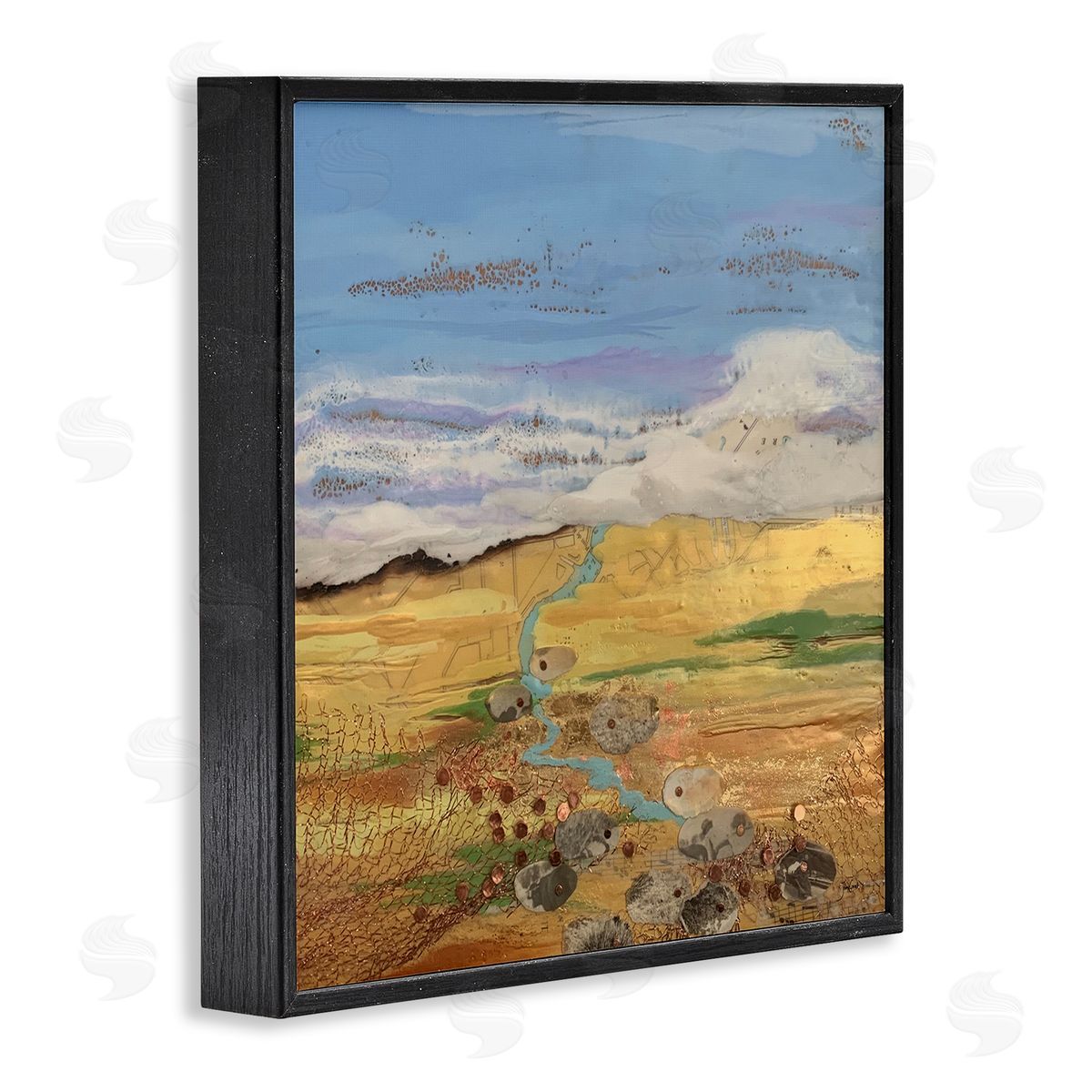 Stacy Gresell Vast Grassland Stream Collage Puffy Cloud Sky Black Framed Glicee Wall Art Print