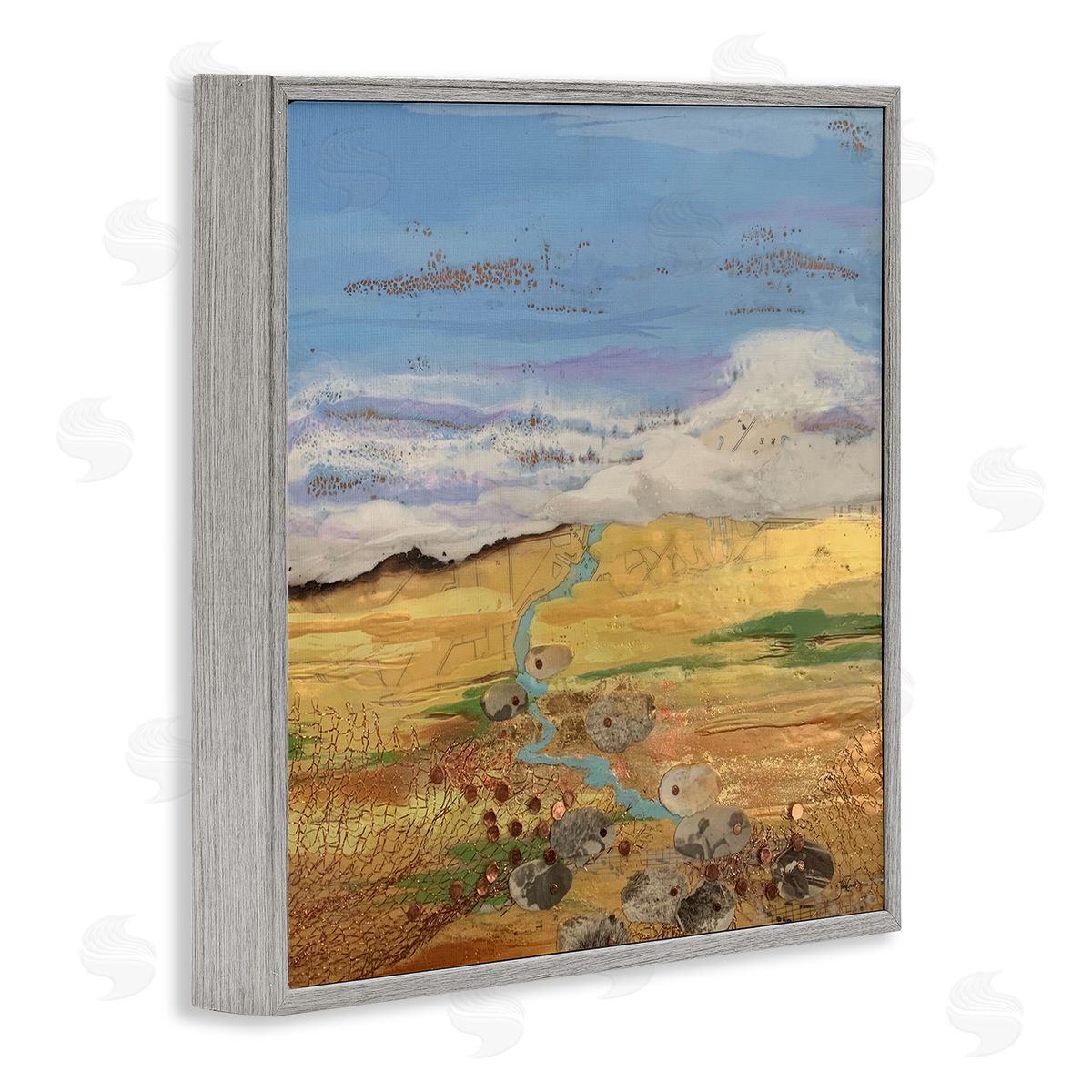 Stacy Gresell Vast Grassland Stream Collage Puffy Cloud Sky Gray Framed Glicee Wall Art Print