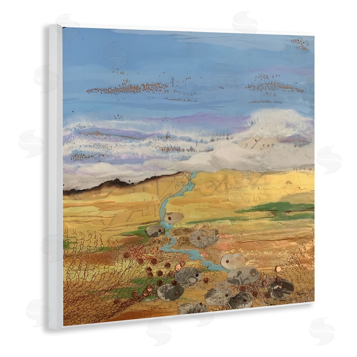 Stacy Gresell Vast Grassland Stream Collage Puffy Cloud Sky Wooden Wall Plaque Art Print