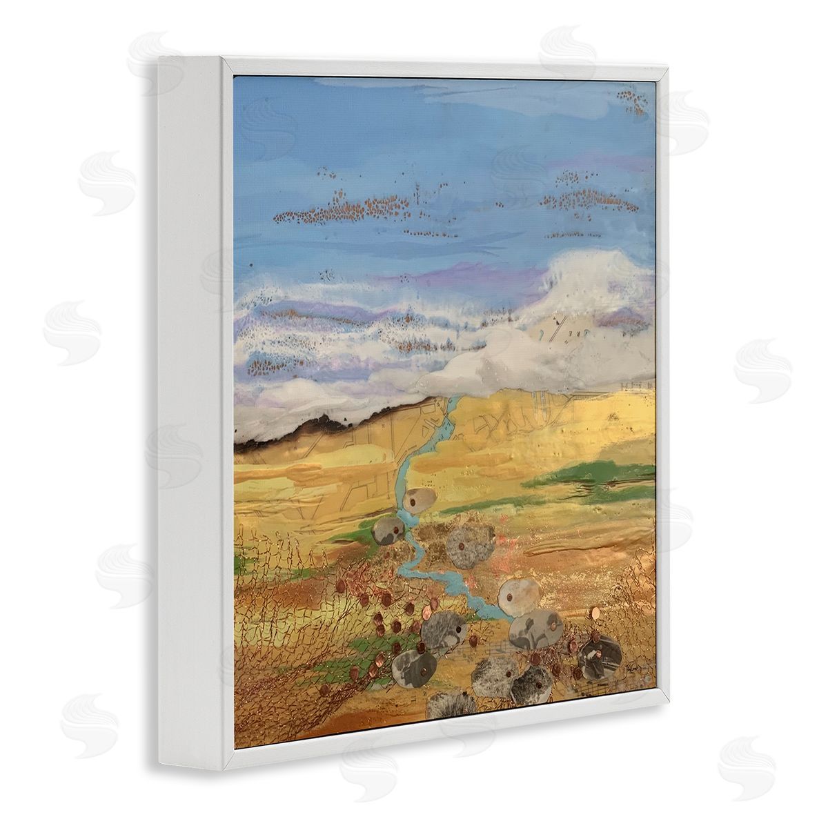 Stacy Gresell Vast Grassland Stream Collage Puffy Cloud Sky White Framed Glicee Wall Art Print