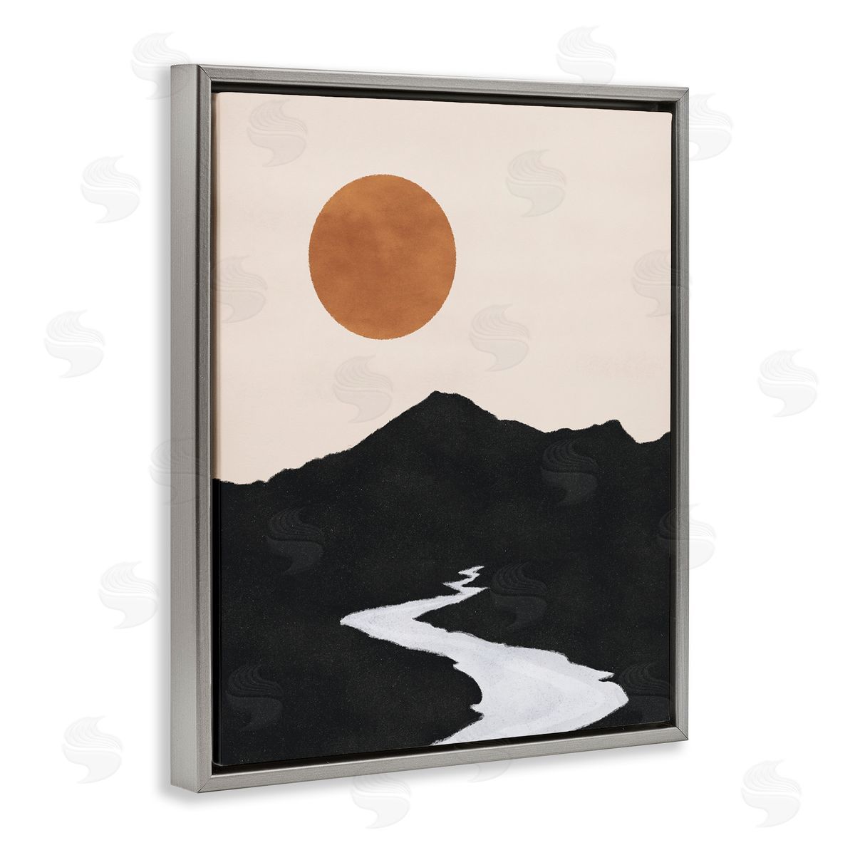 JJ House LLC Receding Stream Into Distant Mountain Ochre Sun Gray Floating Frame Canvas Wall Art Print