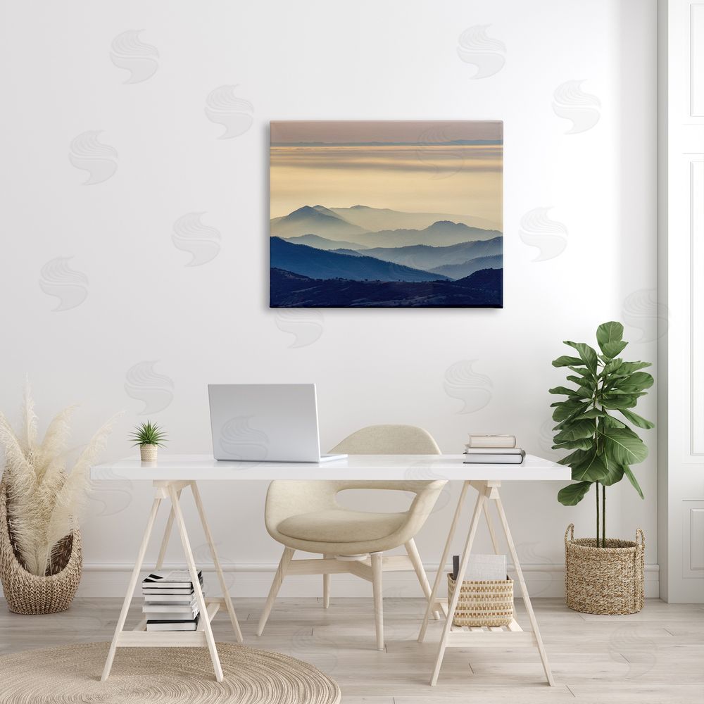 Jeff Poe Photography Layered Foggy Mountain Range Warm Sunlit Rays Canvas Wall Art Print in Room