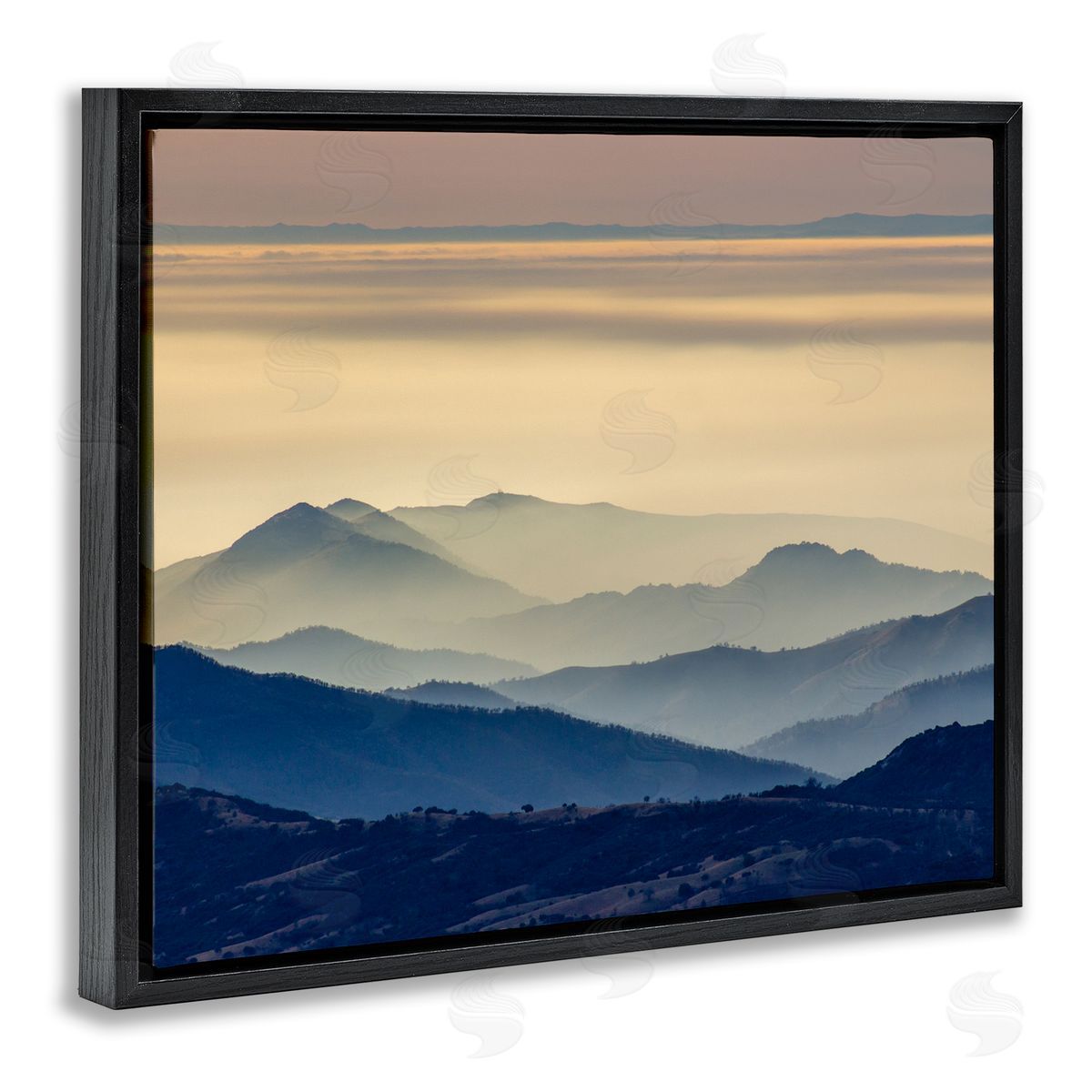 Jeff Poe Photography Layered Foggy Mountain Range Warm Sunlit Rays Black Floating Frame Canvas Wall Art Print