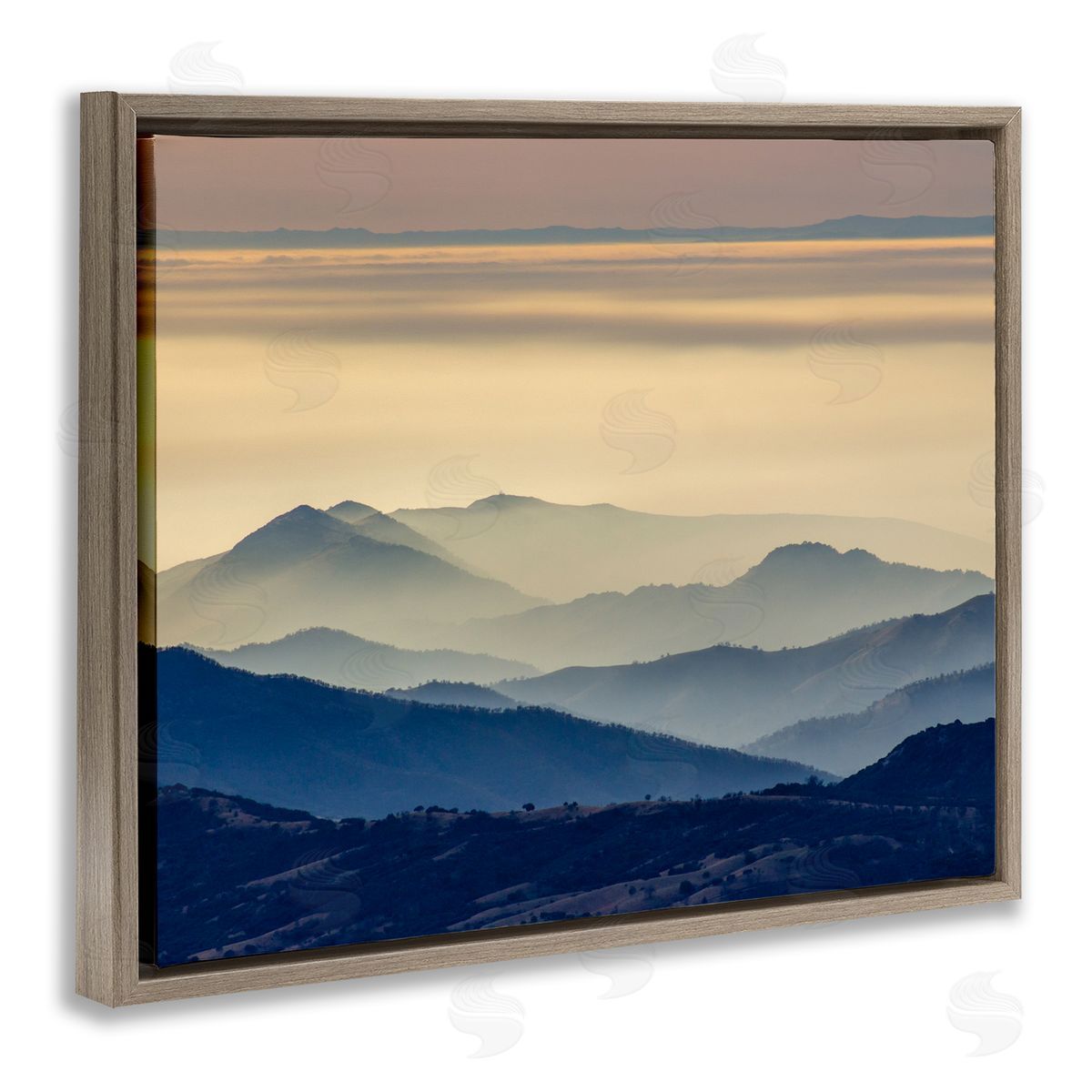 Jeff Poe Photography Layered Foggy Mountain Range Warm Sunlit Rays Brown Floating Frame Canvas Wall Art Print