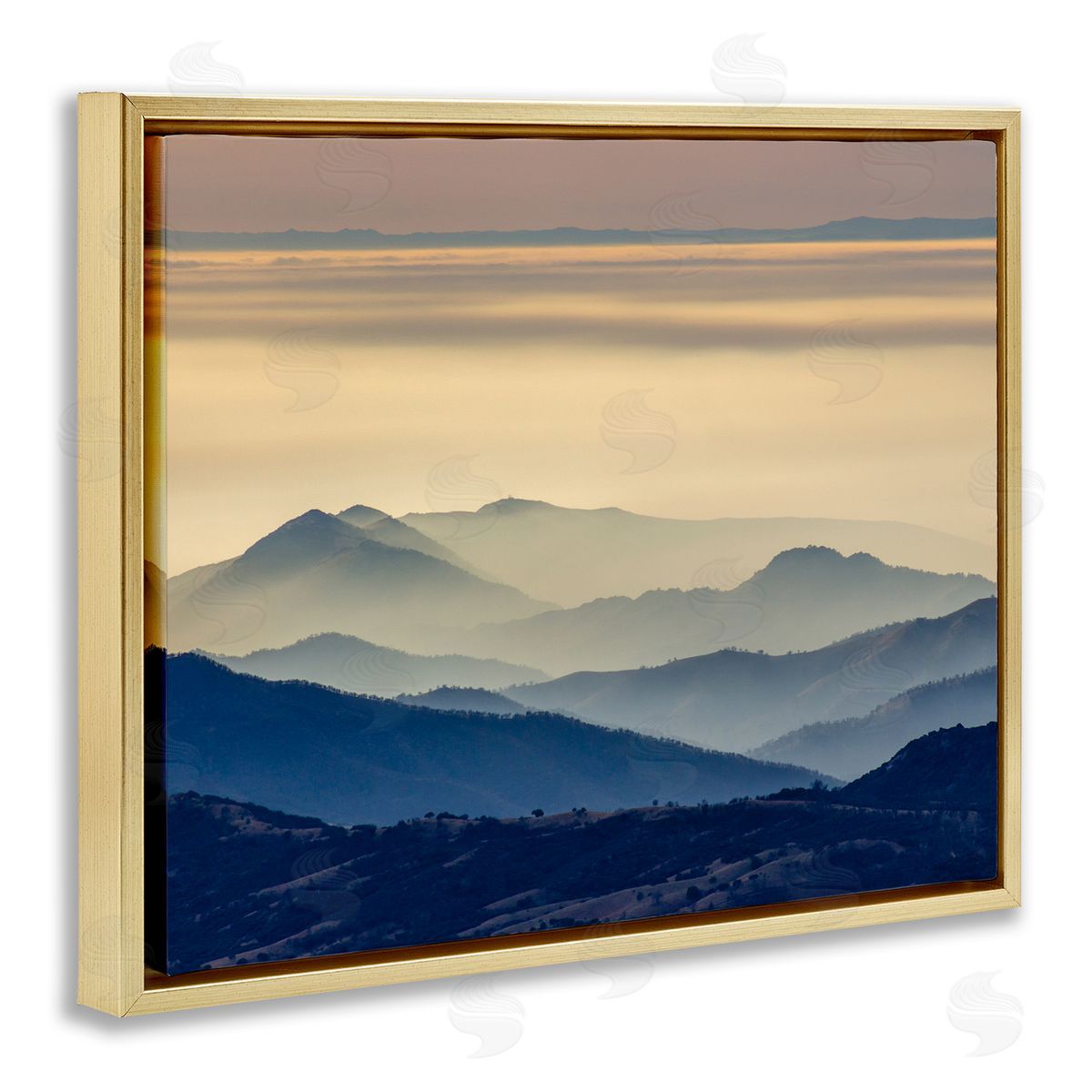 Jeff Poe Photography Layered Foggy Mountain Range Warm Sunlit Rays Gold Floating Frame Canvas Wall Art Print