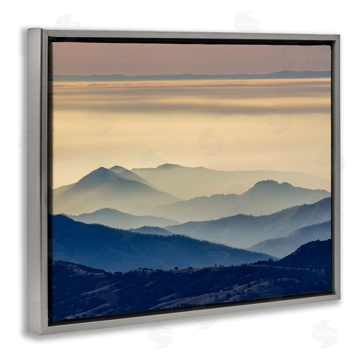 Jeff Poe Photography Layered Foggy Mountain Range Warm Sunlit Rays Gray Floating Frame Canvas Wall Art Print