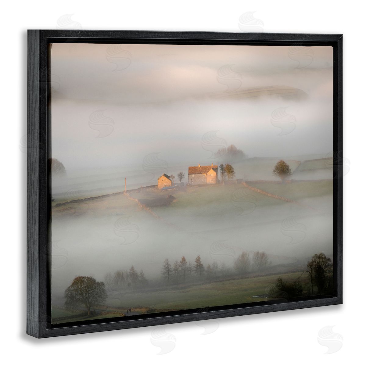 James Dobson Lone Misty Cottage Rural Fields Thick Fog Black Floating Frame Canvas Wall Art Print