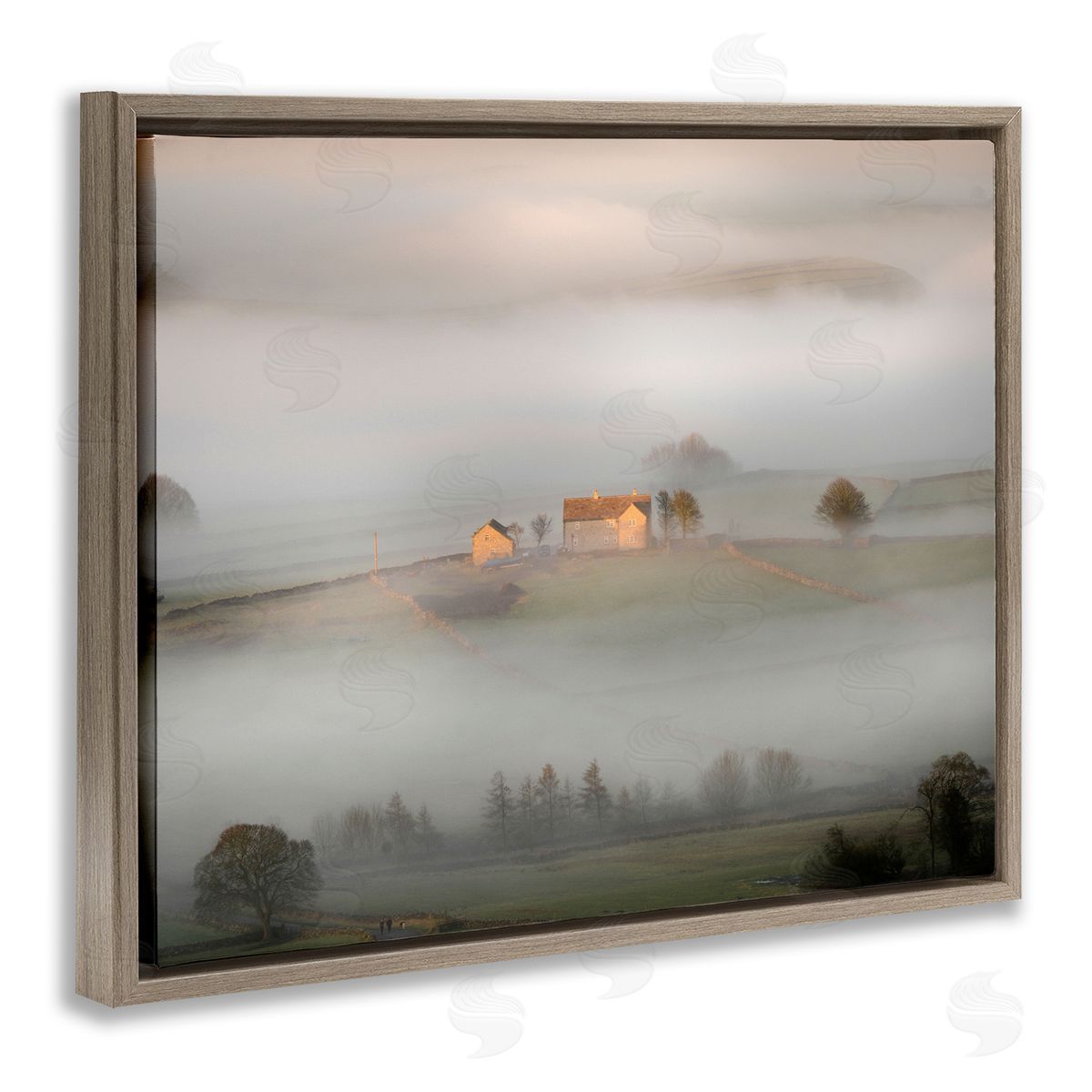 James Dobson Lone Misty Cottage Rural Fields Thick Fog Brown Floating Frame Canvas Wall Art Print