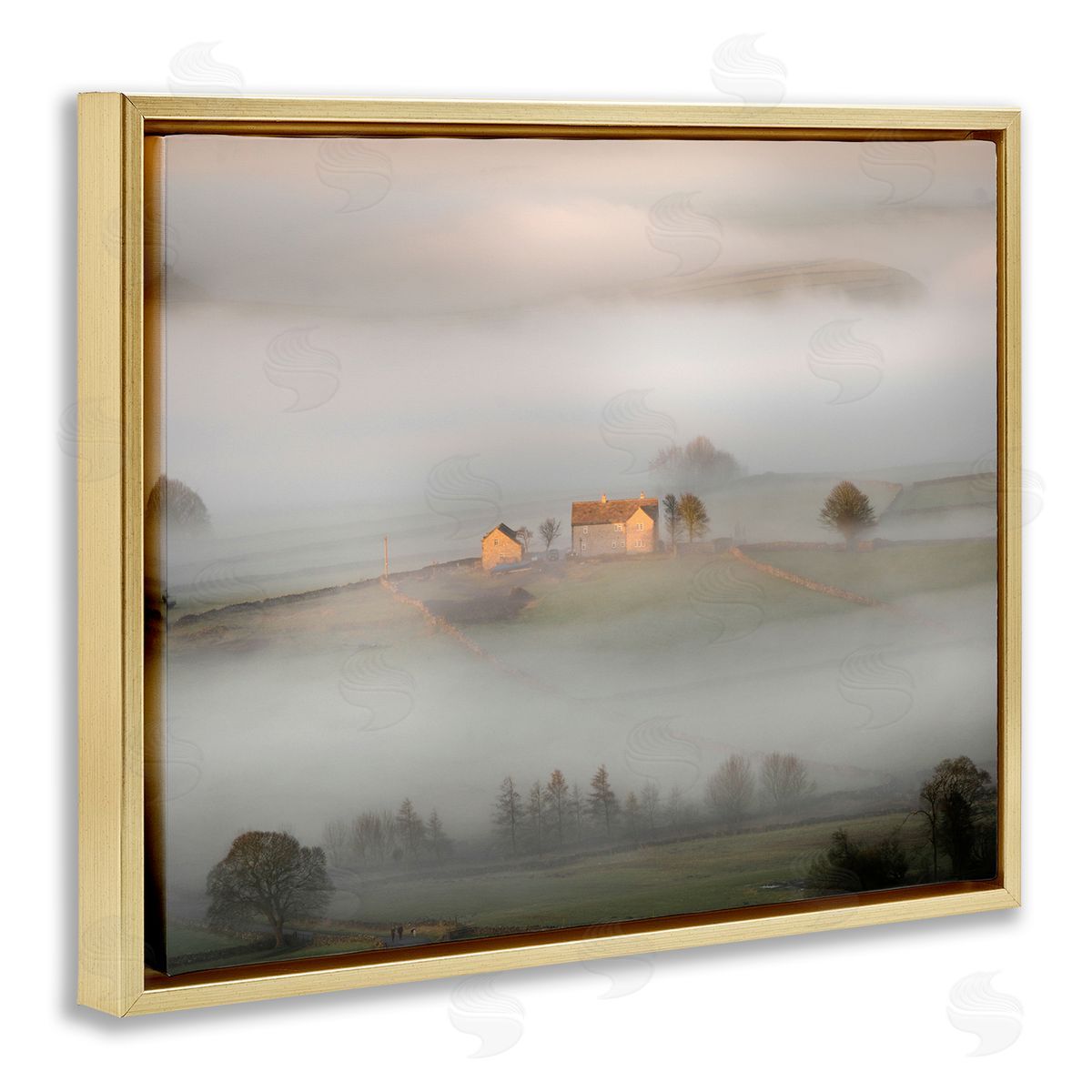 James Dobson Lone Misty Cottage Rural Fields Thick Fog Gold Floating Frame Canvas Wall Art Print