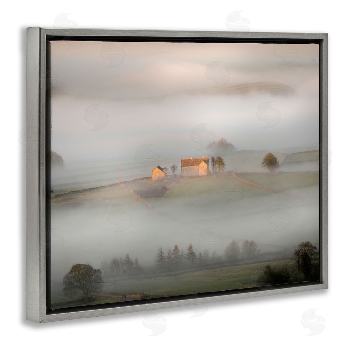 James Dobson Lone Misty Cottage Rural Fields Thick Fog Gray Floating Frame Canvas Wall Art Print