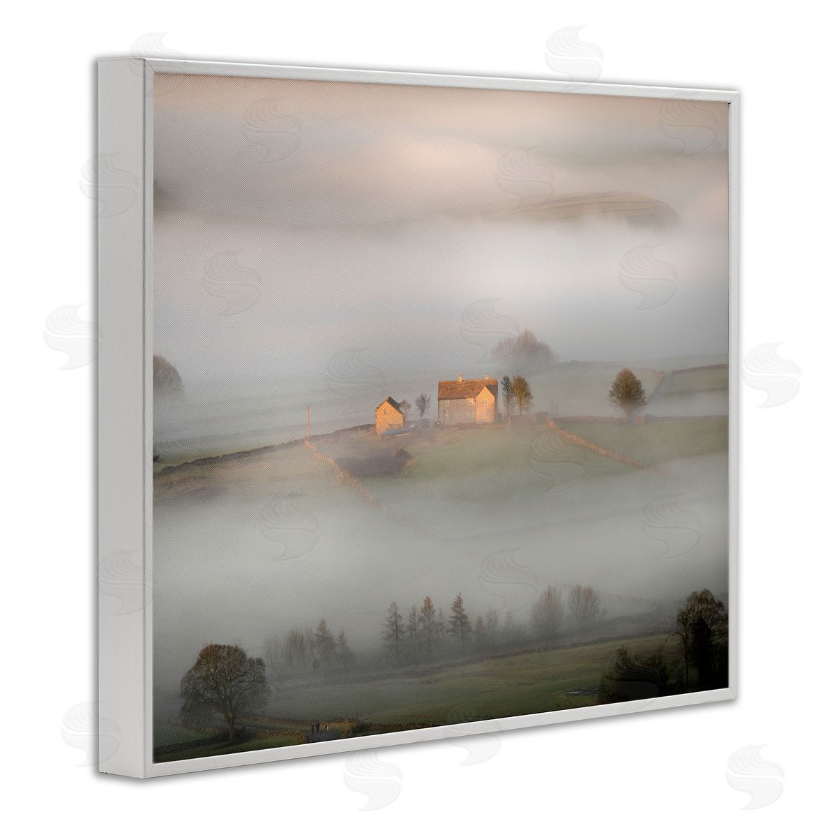 James Dobson Lone Misty Cottage Rural Fields Thick Fog White Framed Giclee Wall Art Print