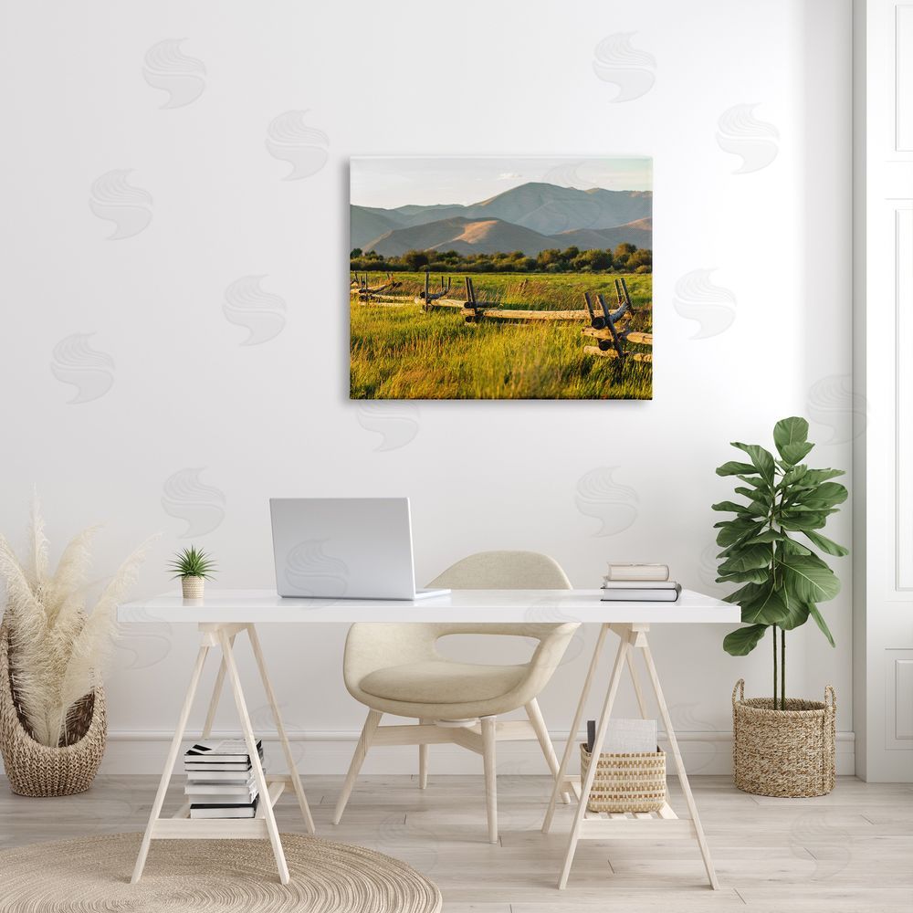 Steve Smith Grassland Farm Fence Countryside Sunny Mountain Scene Canvas Wall Art Print in Room