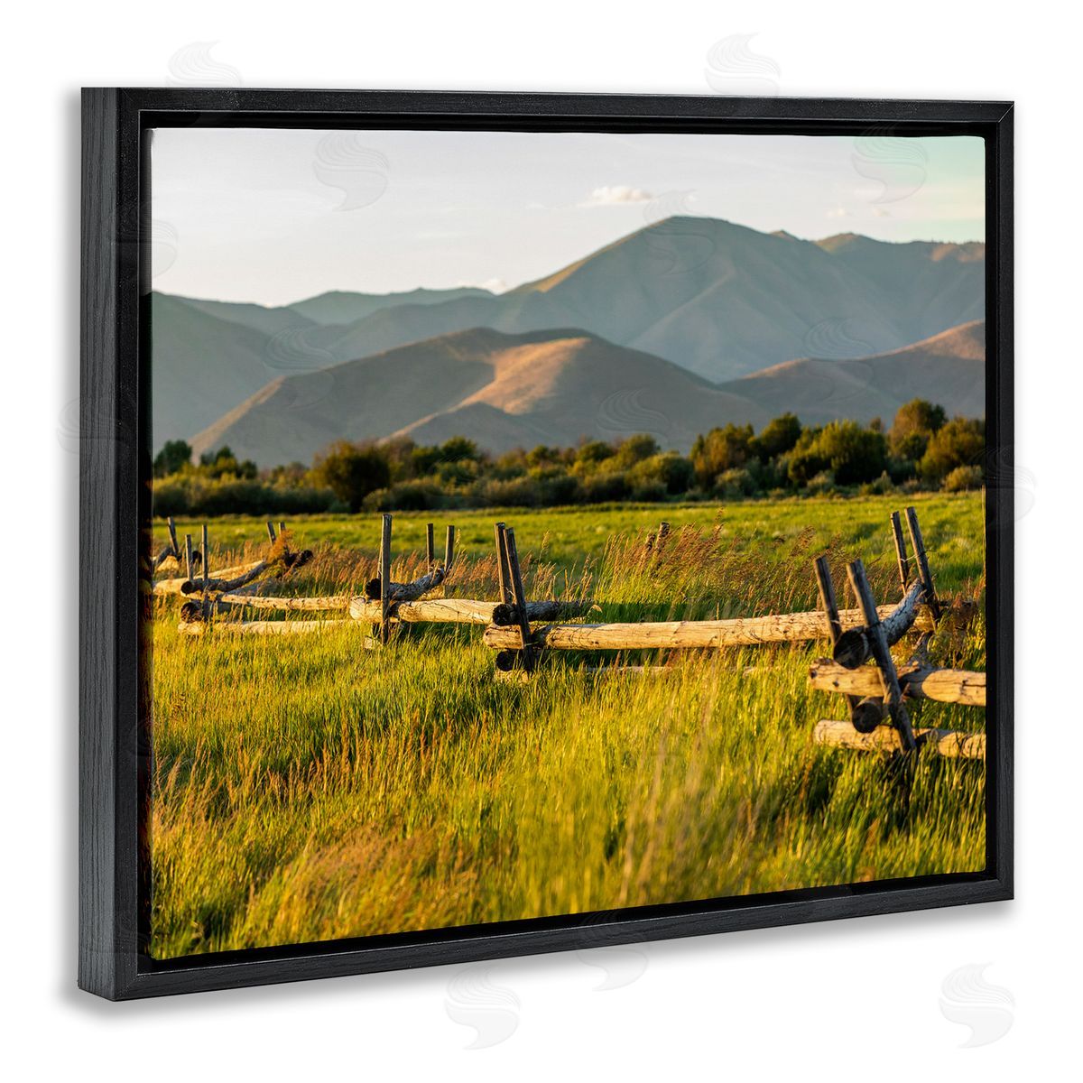 Steve Smith Grassland Farm Fence Countryside Sunny Mountain Scene Black Floating Frame Canvas Wall Art Print