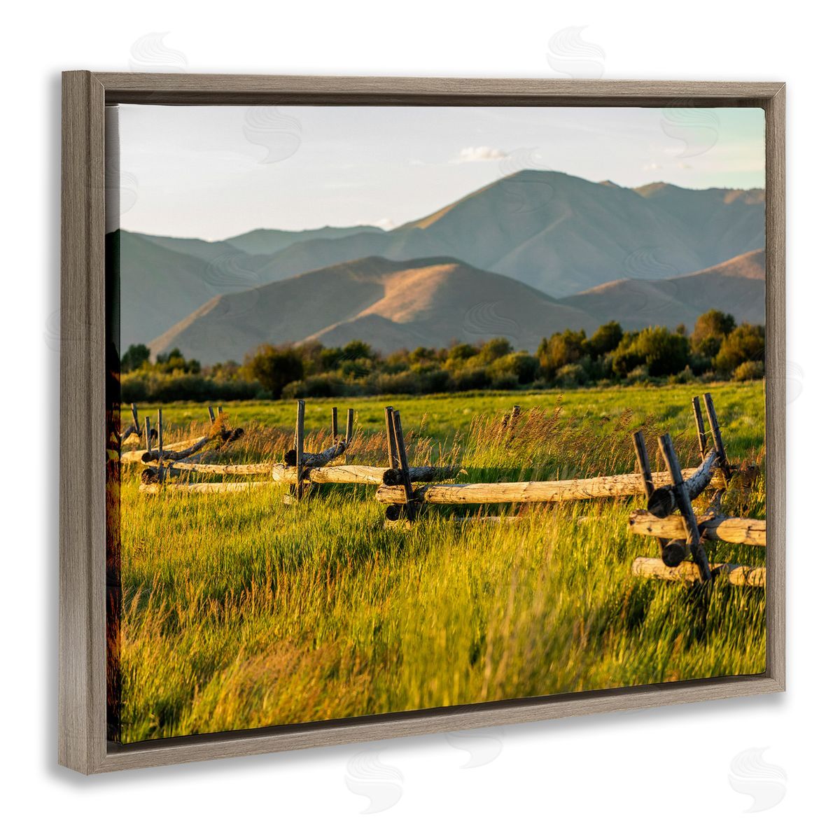 Steve Smith Grassland Farm Fence Countryside Sunny Mountain Scene Brown Floating Frame Canvas Wall Art Print