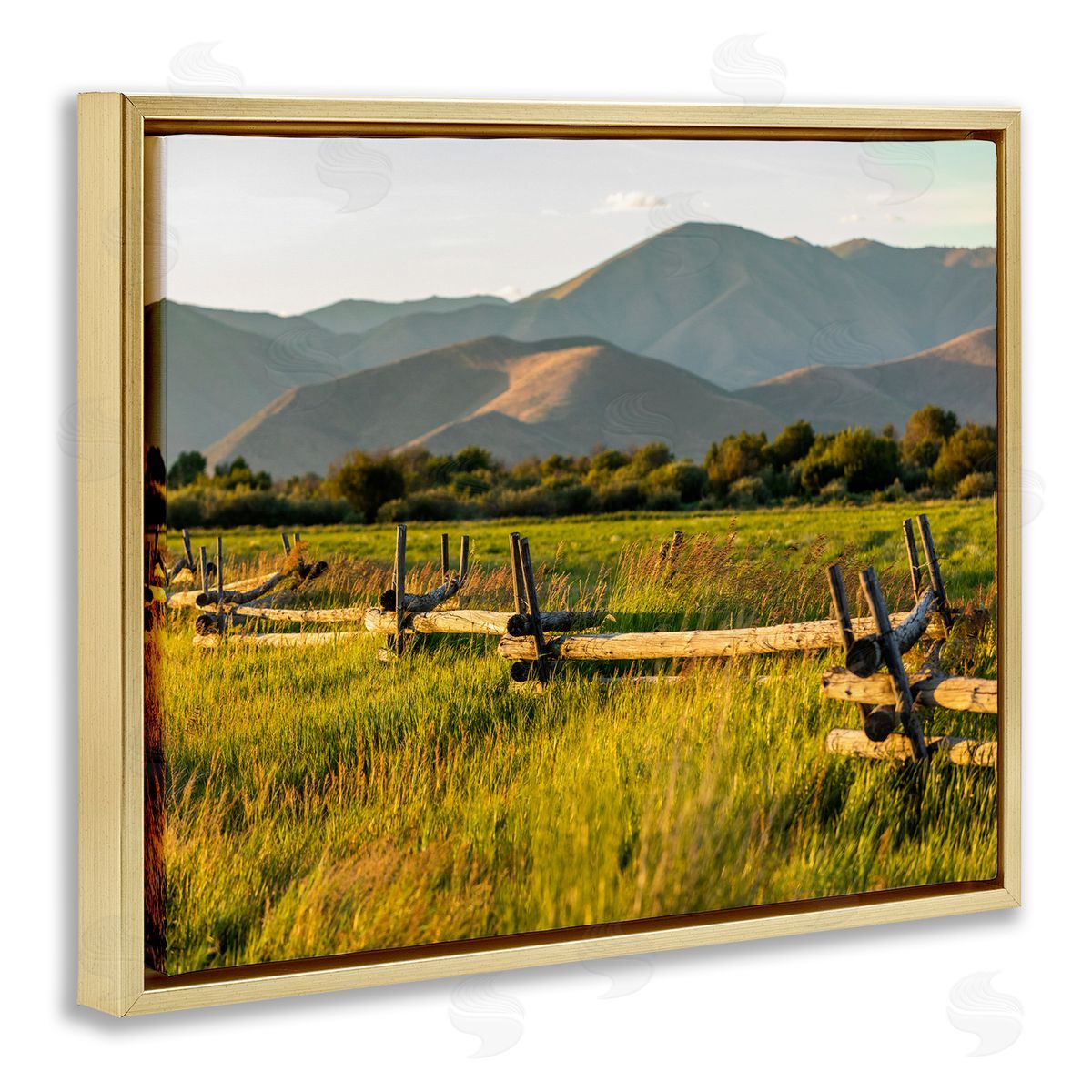 Steve Smith Grassland Farm Fence Countryside Sunny Mountain Scene Gold Floating Frame Canvas Wall Art Print
