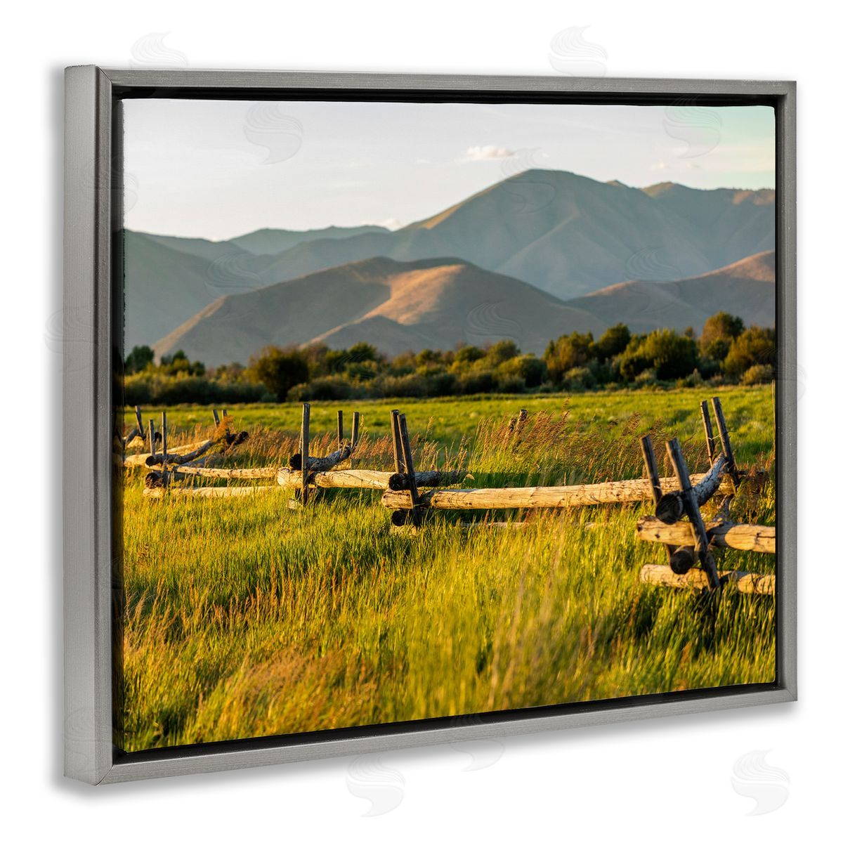 Steve Smith Grassland Farm Fence Countryside Sunny Mountain Scene Gray Floating Frame Canvas Wall Art Print