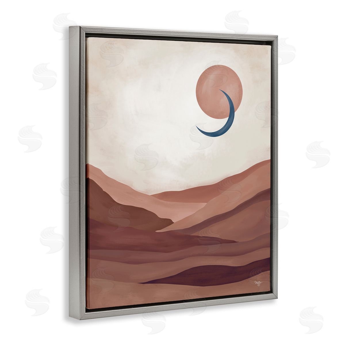 Mollie B. Abstract Desert Dunes Sun Moon Overlapping Shapes Gray Floating Frame Canvas Wall Art Print