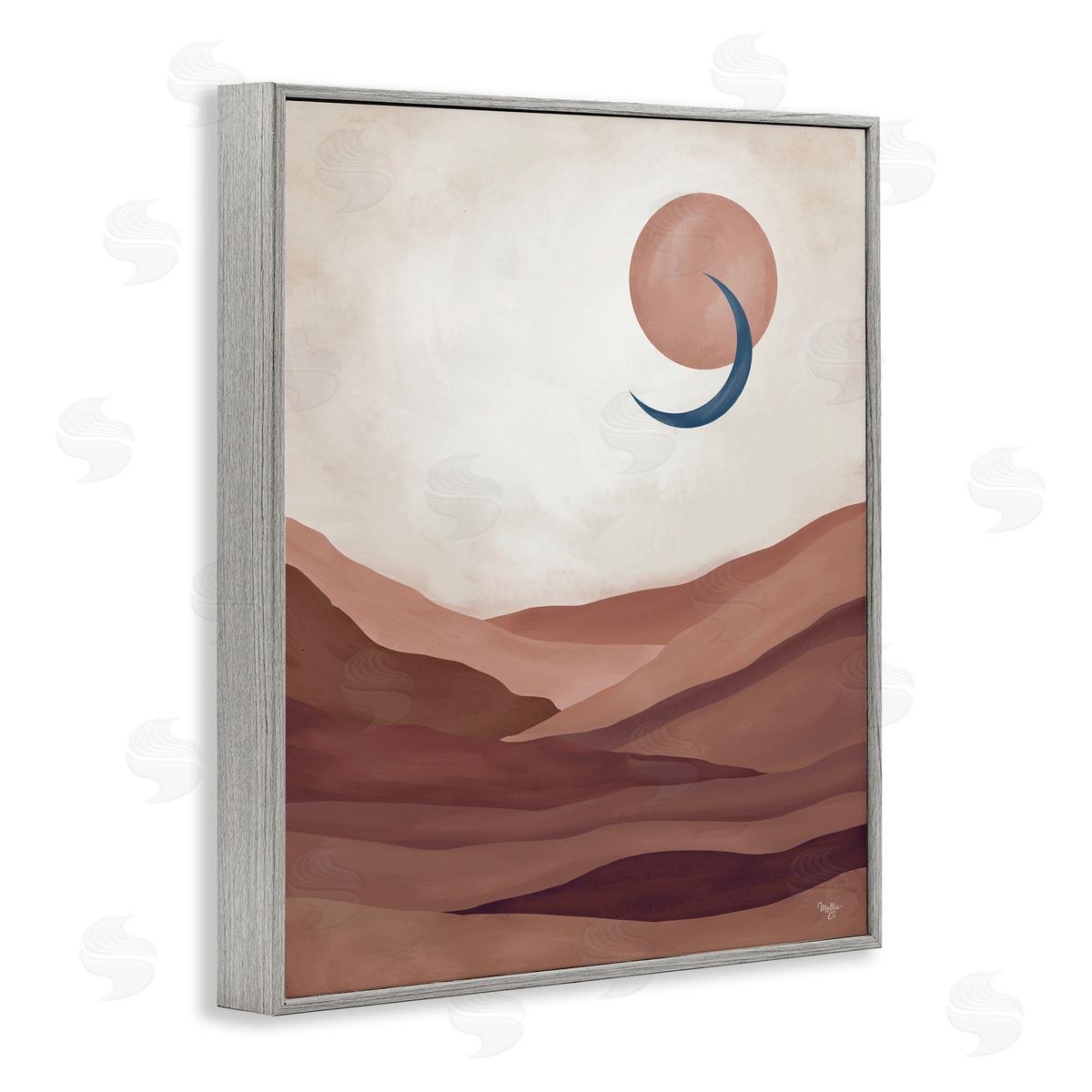 Mollie B. Abstract Desert Dunes Sun Moon Overlapping Shapes Gray Framed Giclee Wall Art Print
