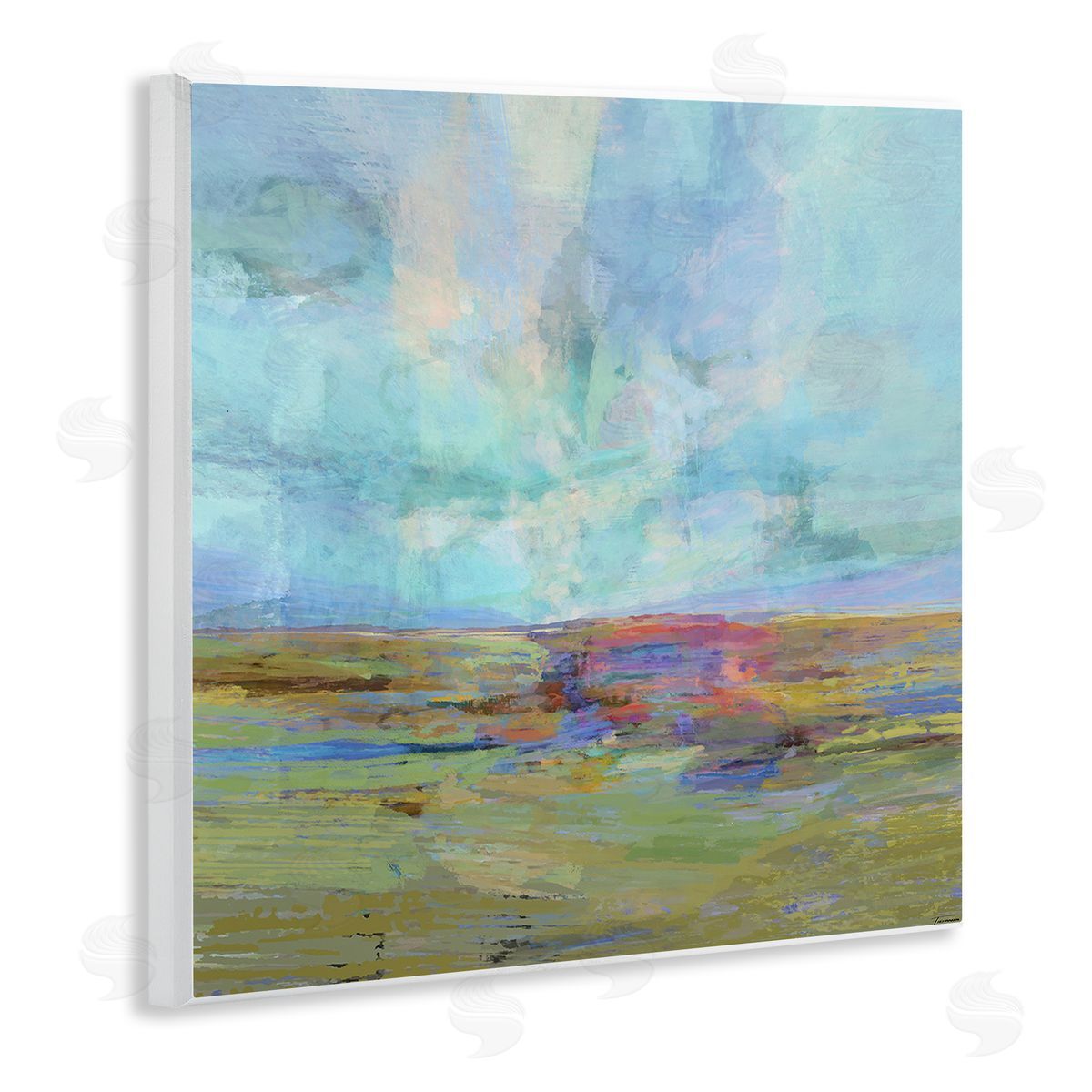 Michael Tienhaara Layered Abstract Grassland Scene Luminous Blue Sky Wooden Wall Plaque Art Print