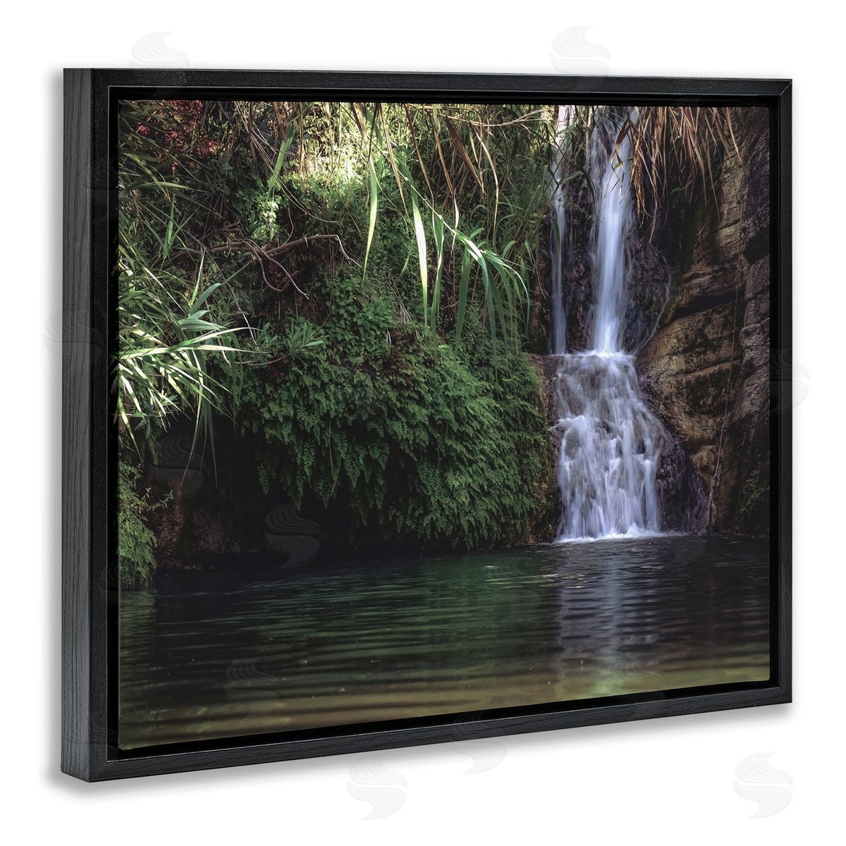 Stupell Studio Tranquil Waterfall Rainforest Environment Nature Clearing Photography Black Floating Frame Canvas Wall Art Print