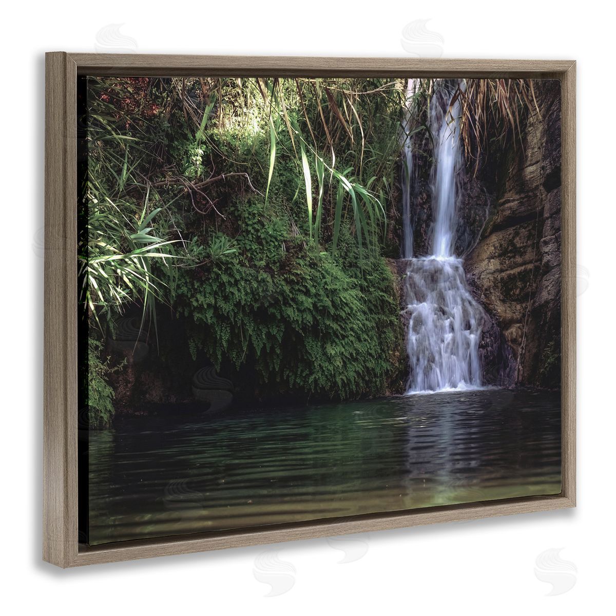 Stupell Studio Tranquil Waterfall Rainforest Environment Nature Clearing Photography Brown Floating Frame Canvas Wall Art Print