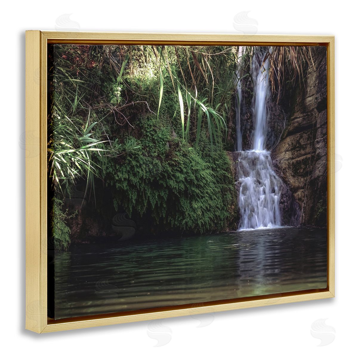 Stupell Studio Tranquil Waterfall Rainforest Environment Nature Clearing Photography Gold Floating Frame Canvas Wall Art Print