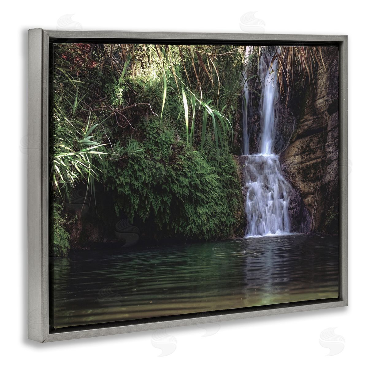 Stupell Studio Tranquil Waterfall Rainforest Environment Nature Clearing Photography Gray Floating Frame Canvas Wall Art Print
