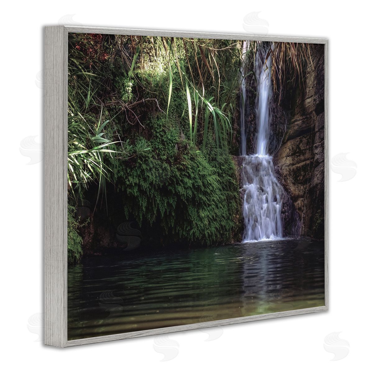 Stupell Studio Tranquil Waterfall Rainforest Environment Nature Clearing Photography Gray Framed Giclee Wall Art Print