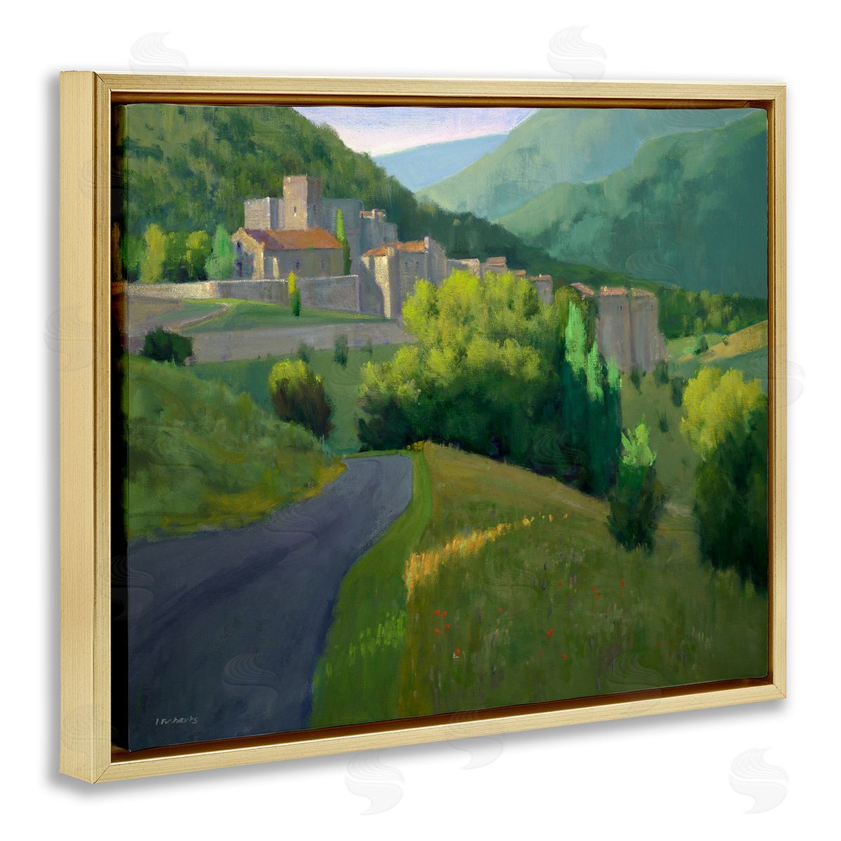 Ian Roberts Winding Road Path Distant Rural Farm Town Gold Floating Frame Canvas Wall Art Print