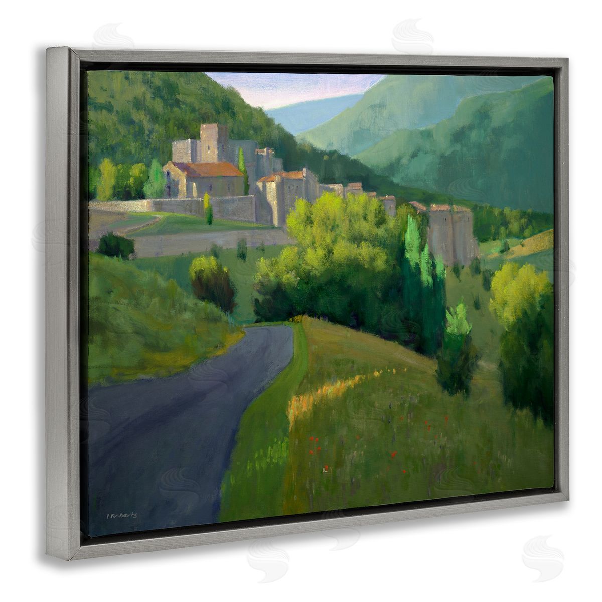 Ian Roberts Winding Road Path Distant Rural Farm Town Gray Floating Frame Canvas Wall Art Print