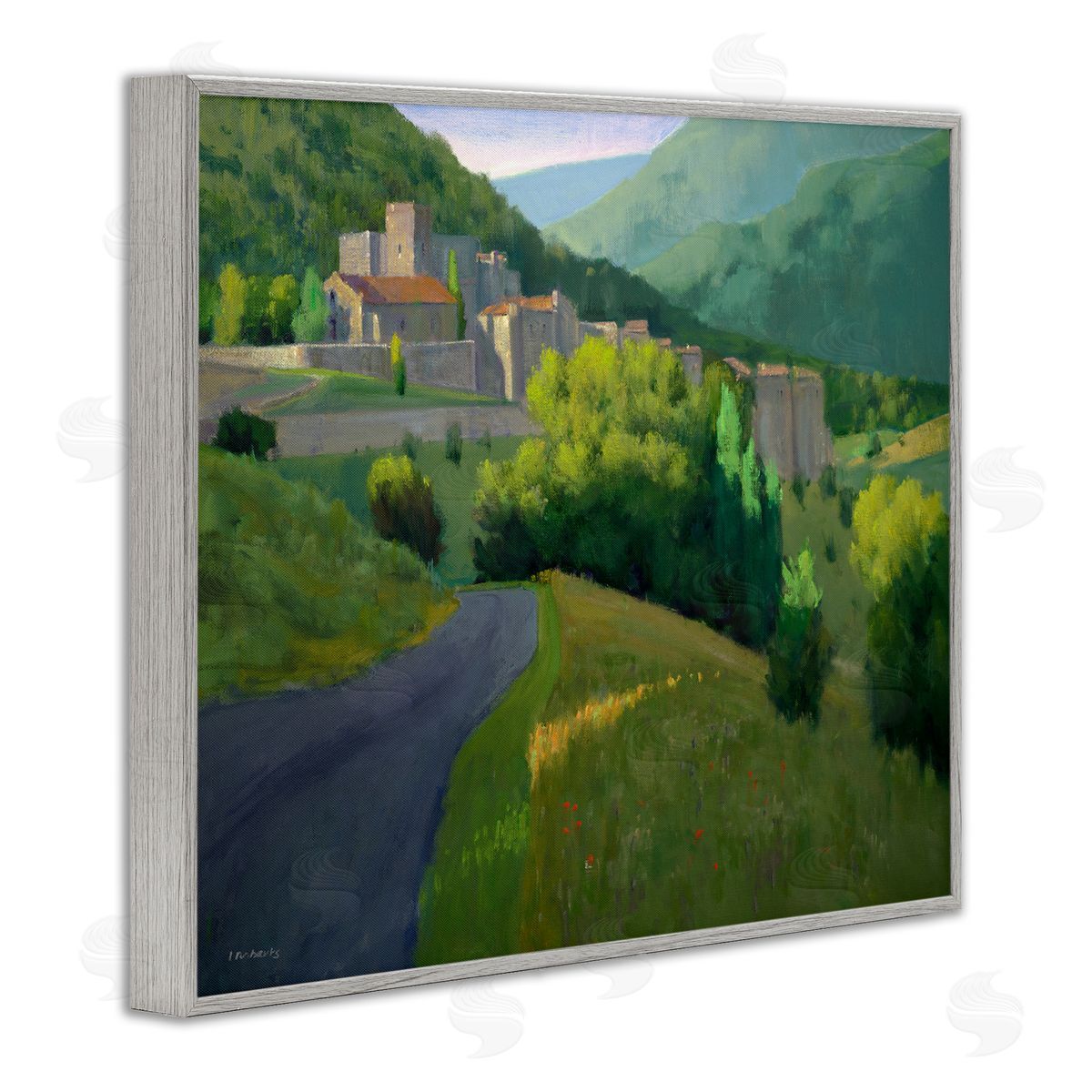 Ian Roberts Winding Road Path Distant Rural Farm Town Gray Framed Giclee Wall Art Print